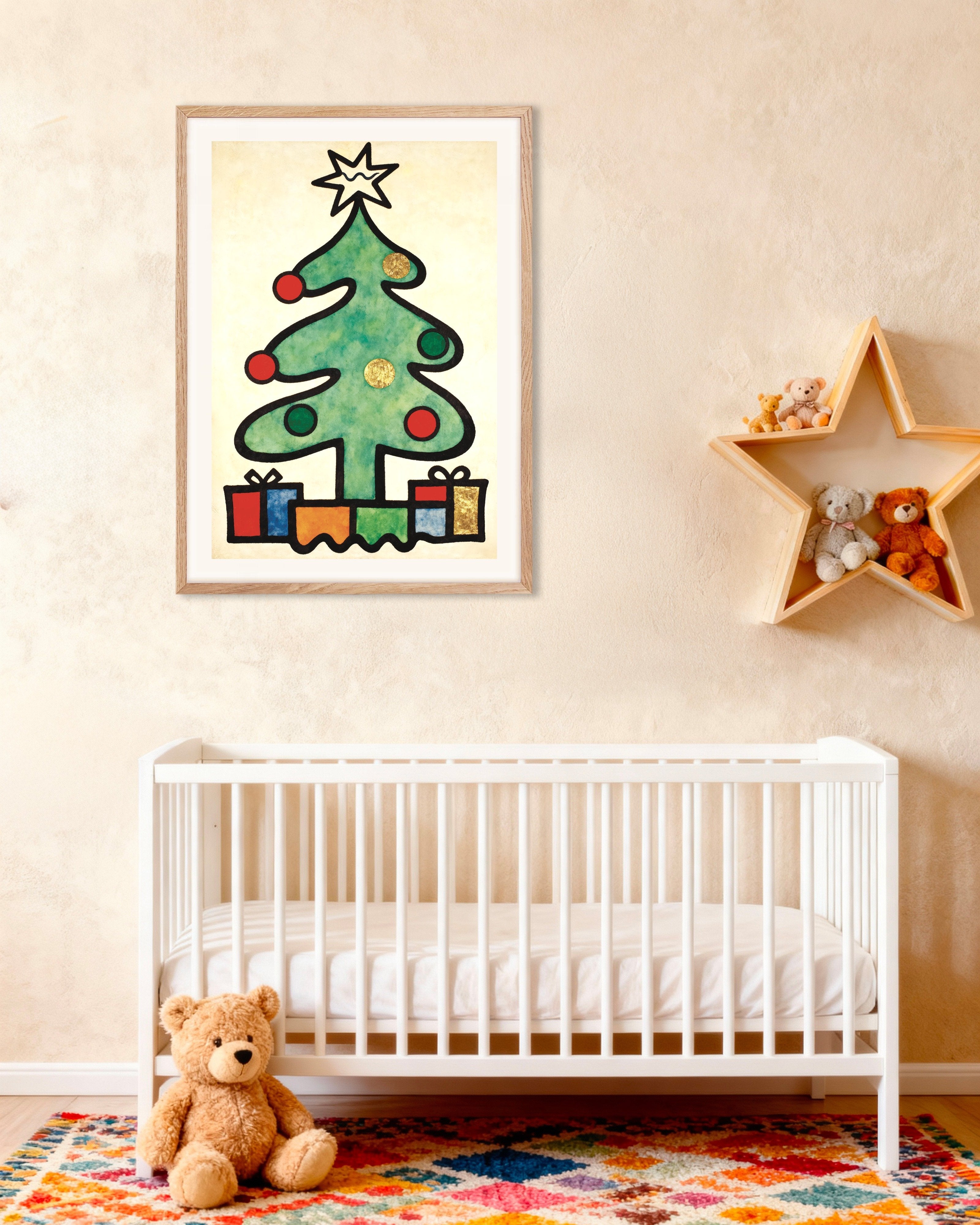 Poster of Modern Christmas tree art print, with natural wooden frame
