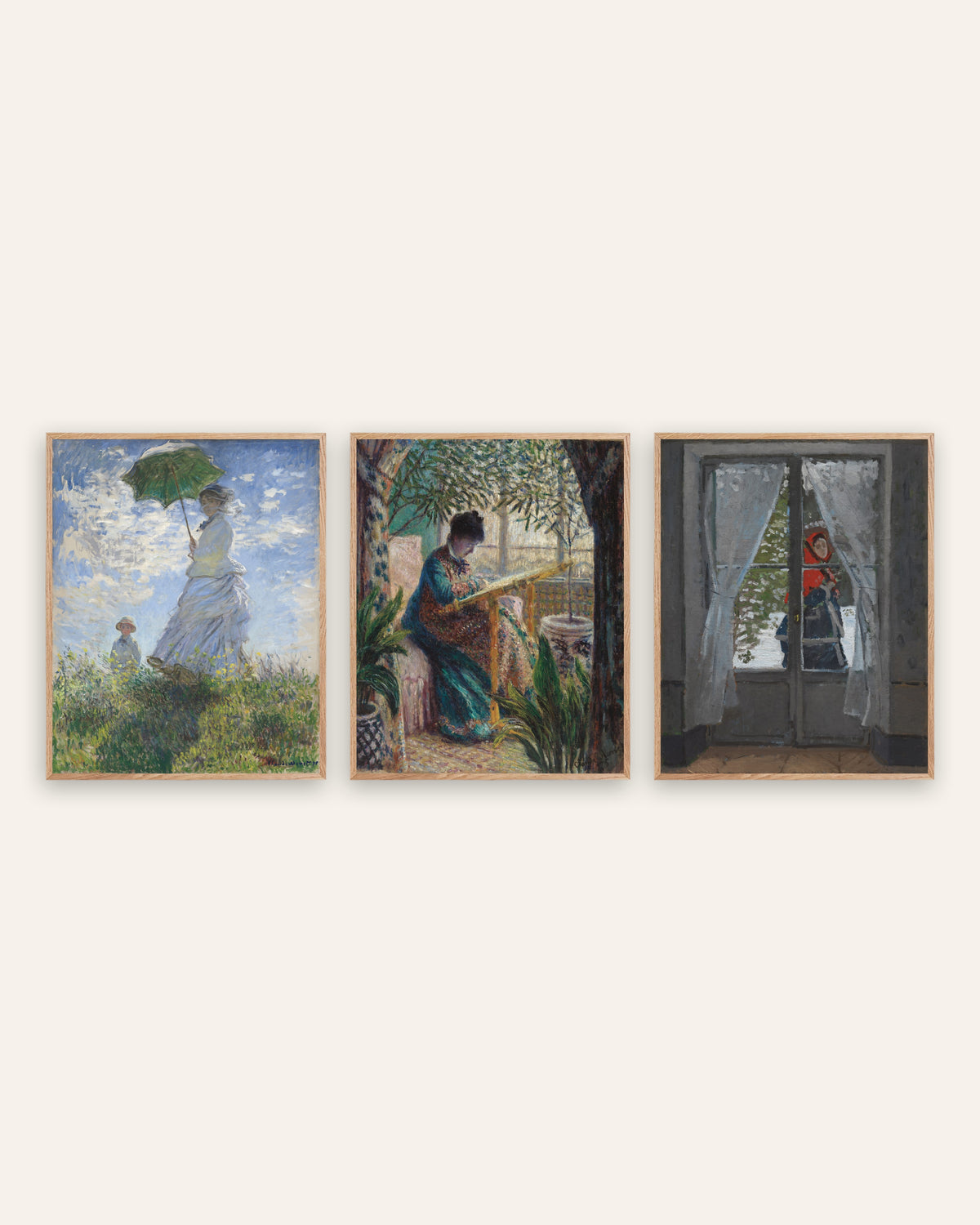 Poster di Monet, set da 3: Camille, Donna con parasole e Il fazzoletto rosso, con cornici in rovere naturale