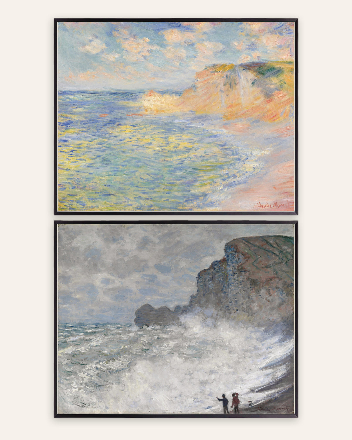 Poster di Monet, set da 2: Étretat, Falaise d’Amont e burrasca, con cornici in metallo nero