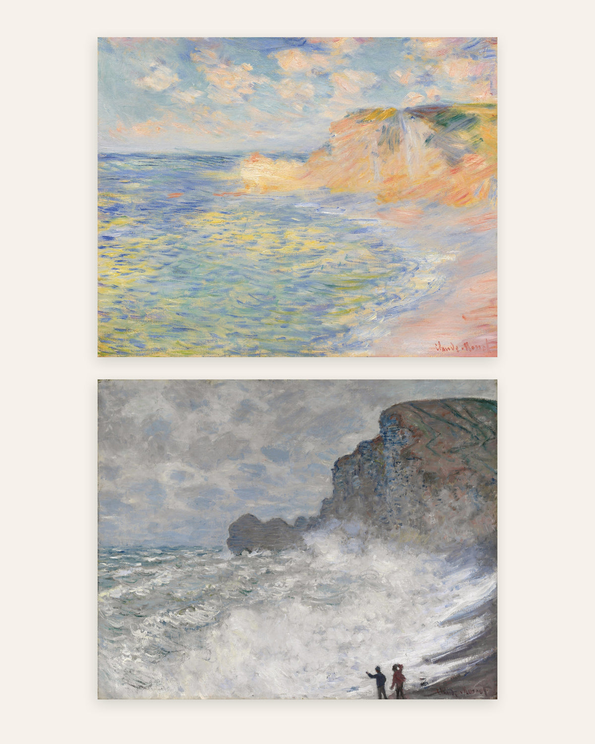 Poster di Monet, set da 2: Étretat, Falaise d’Amont e burrasca, senza cornice