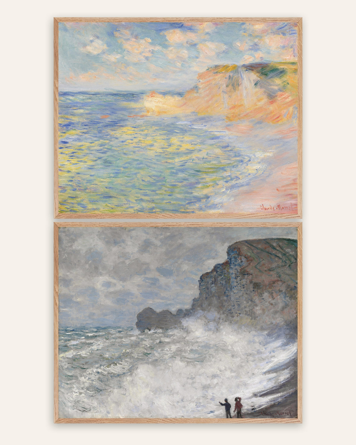 Poster di Monet, set da 2: Étretat, Falaise d’Amont e burrasca, con cornici in rovere naturale