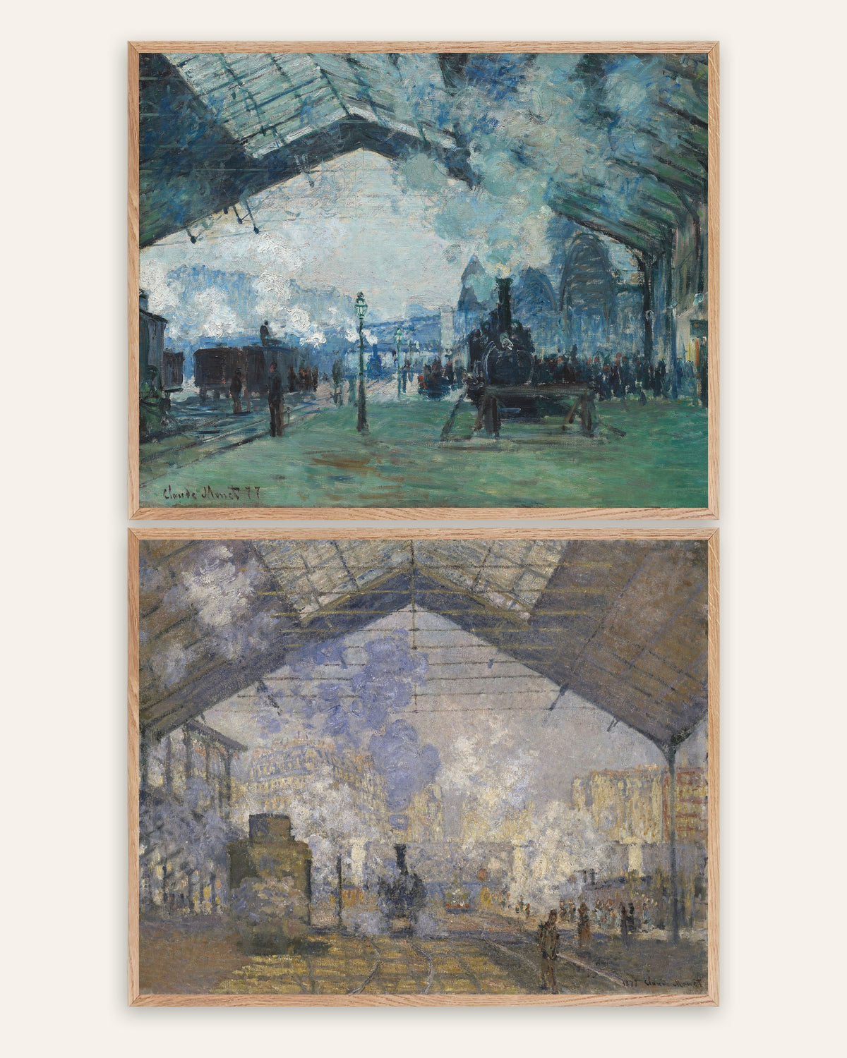 Poster di Monet, set da 2: Gare Saint-Lazare, vapore e treni, con cornici in rovere naturale