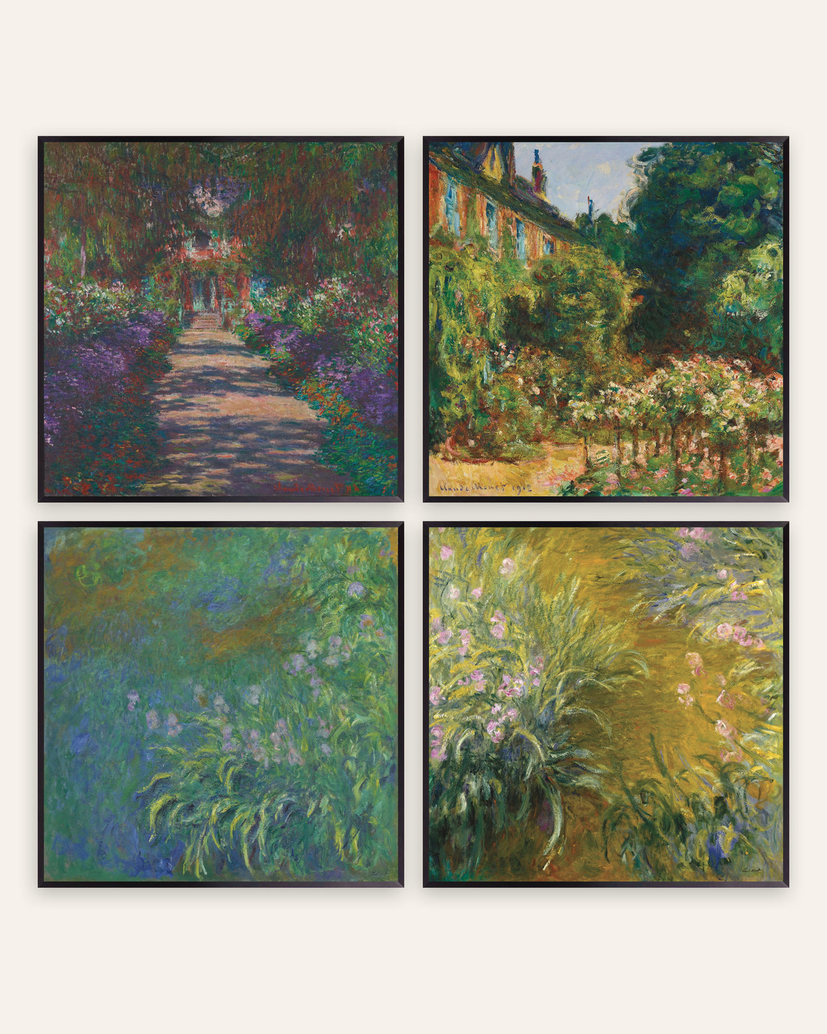 Poster di Monet, set da 4: il giardino di Giverny, viale, casa e iris, con cornici in metallo nero