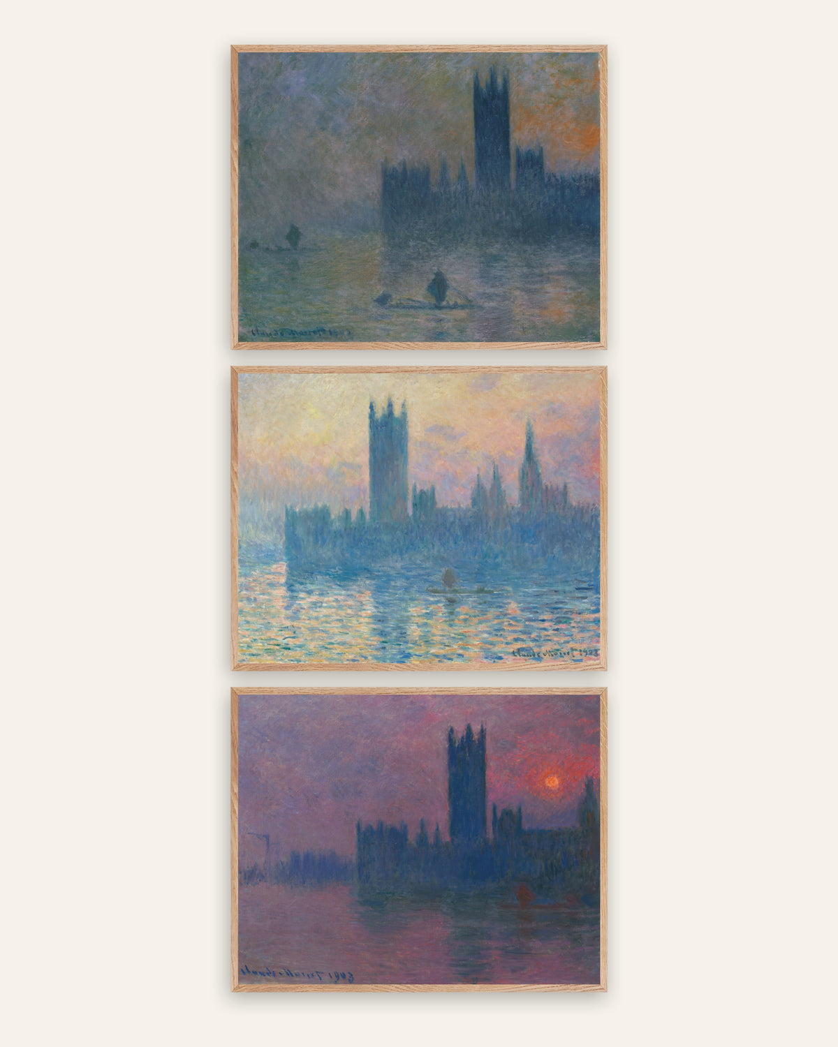 Poster di Monet, set da 3: il Parlamento di Londra, nebbia e tramonto, con cornici in rovere naturale