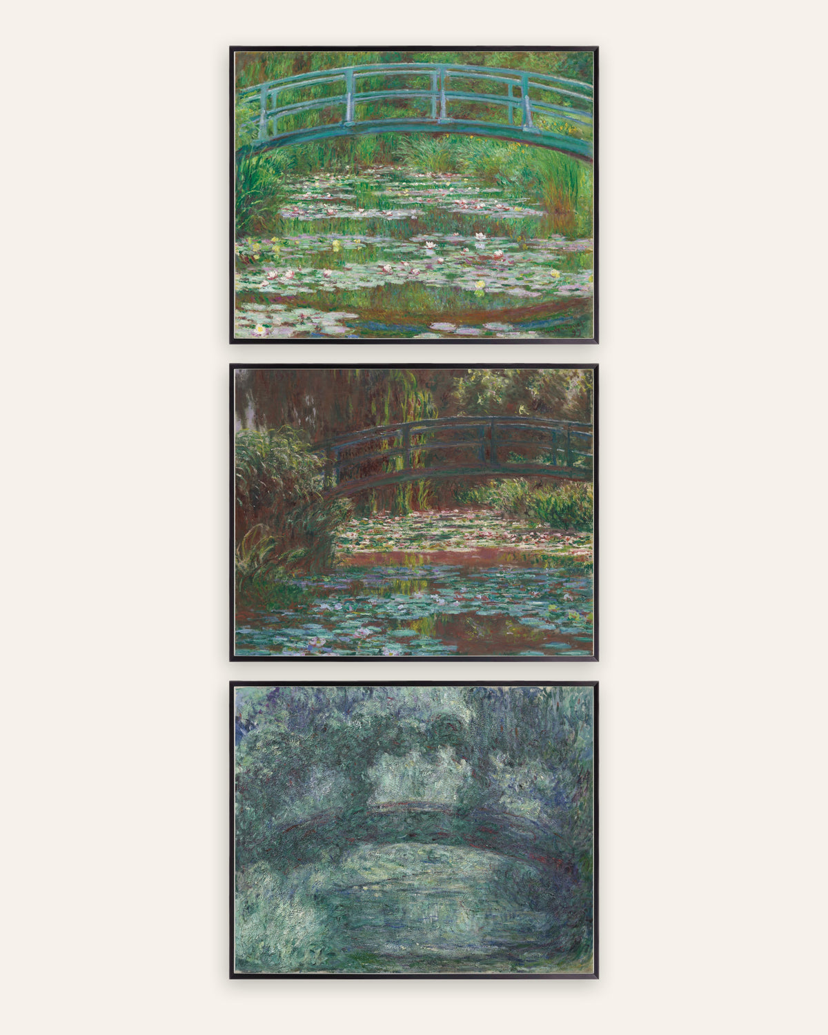 Poster di Monet, set da 3: il ponte giapponese di Giverny, dal 1899 al 1924, con cornici in metallo nero