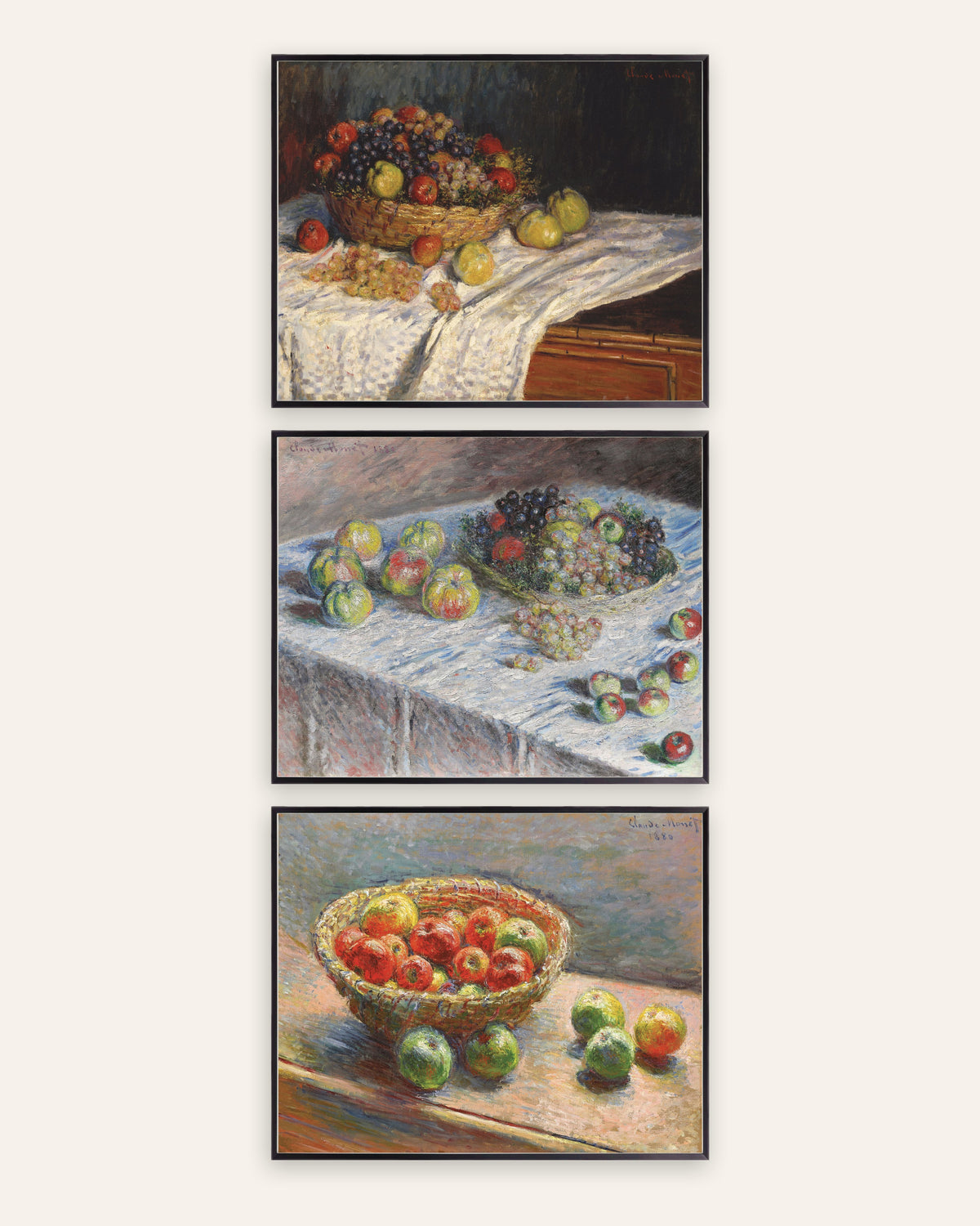 Poster di Monet, set da 3: nature morte, mele, uva e cesto, con cornici in metallo nero
