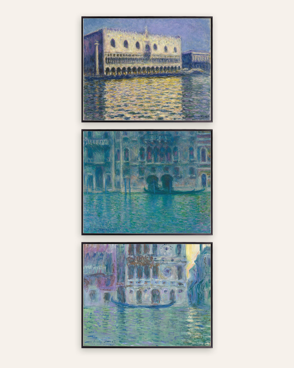 Poster di Monet, set da 3: Venezia, Palazzo Ducale, Palazzo da Mula e Dario, con cornici in metallo nero