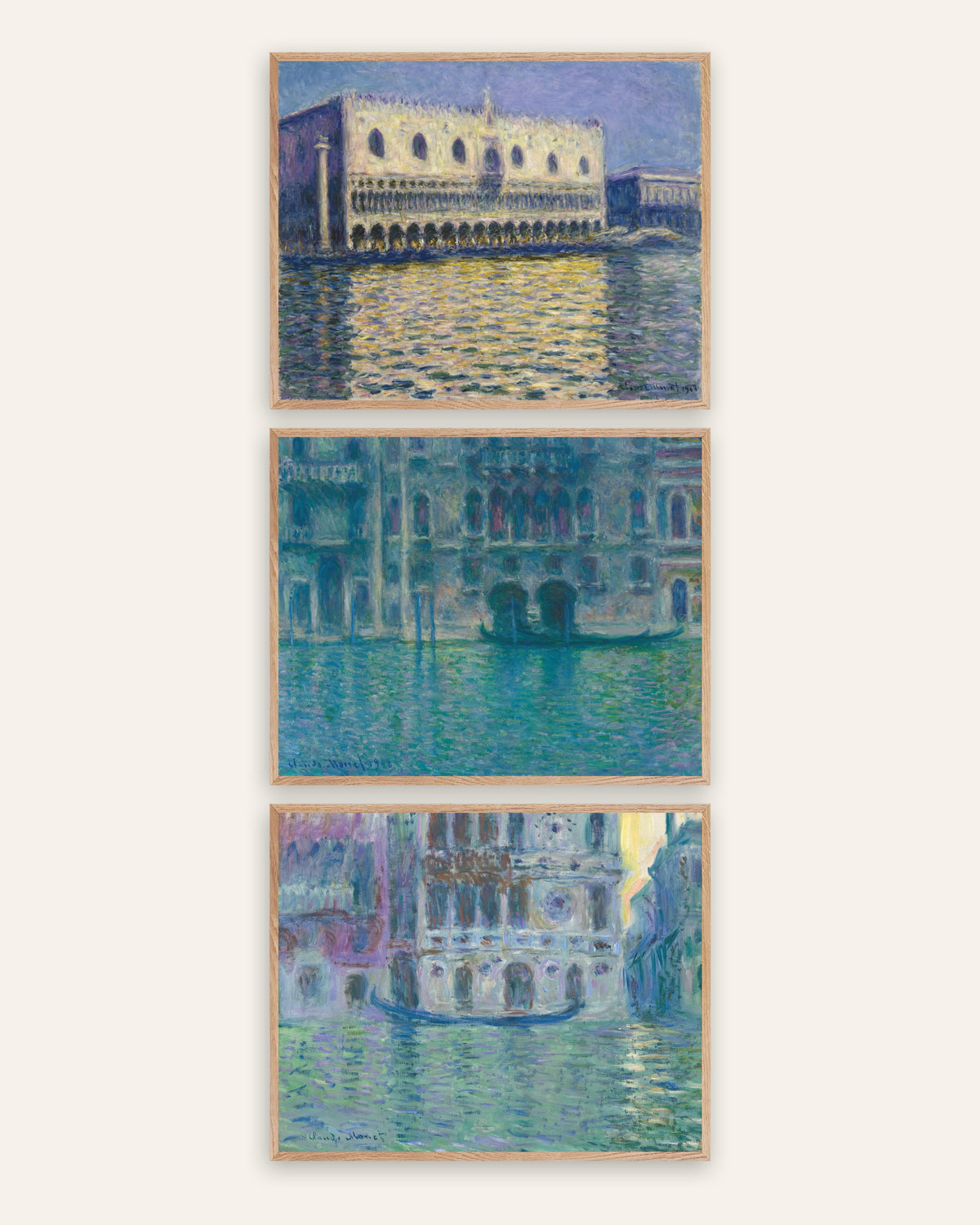 Poster di Monet, set da 3: Venezia, Palazzo Ducale, Palazzo da Mula e Dario, con cornici in rovere naturale