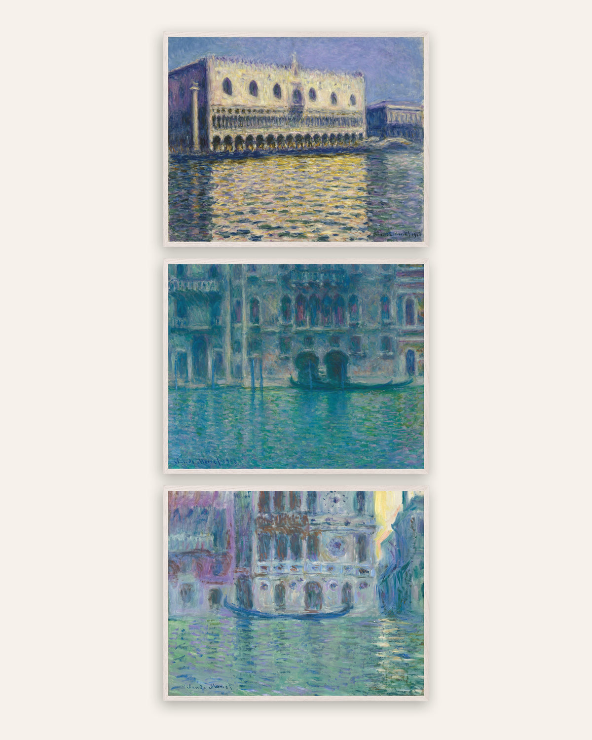 Poster di Monet, set da 3: Venezia, Palazzo Ducale, Palazzo da Mula e Dario, con cornici in rovere bianco
