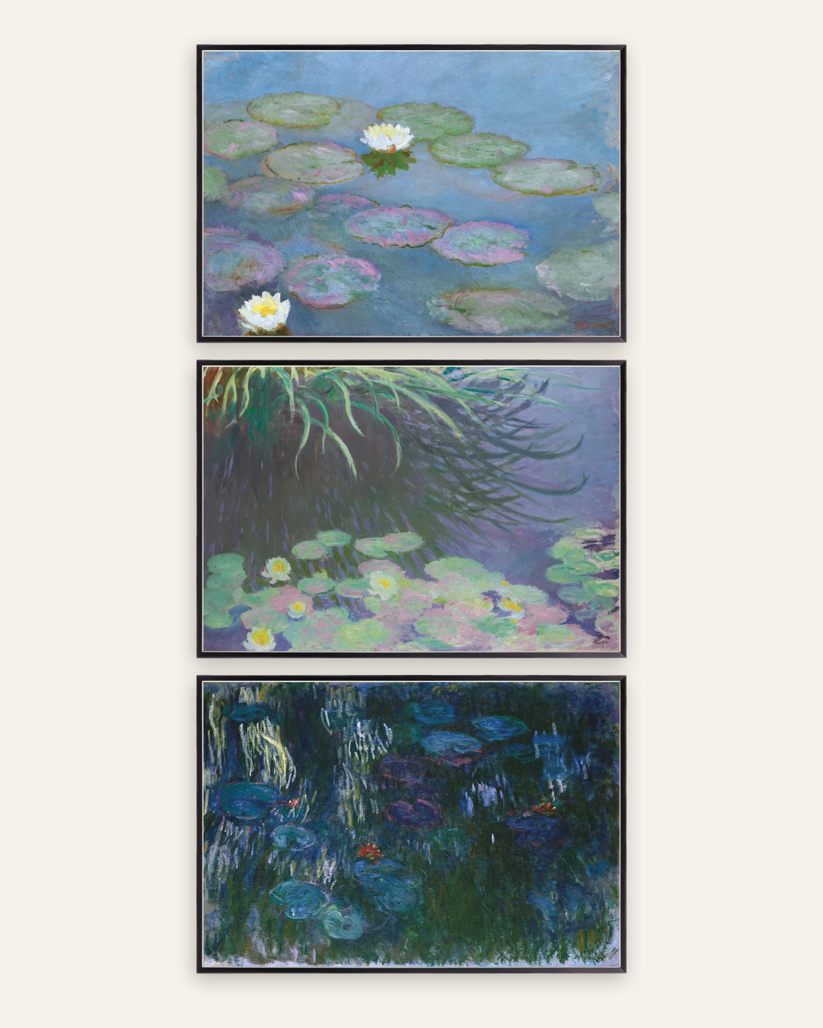 Poster di Monet, set da 3: Ninfee, primi e ultimi panorami, con cornici in metallo nero