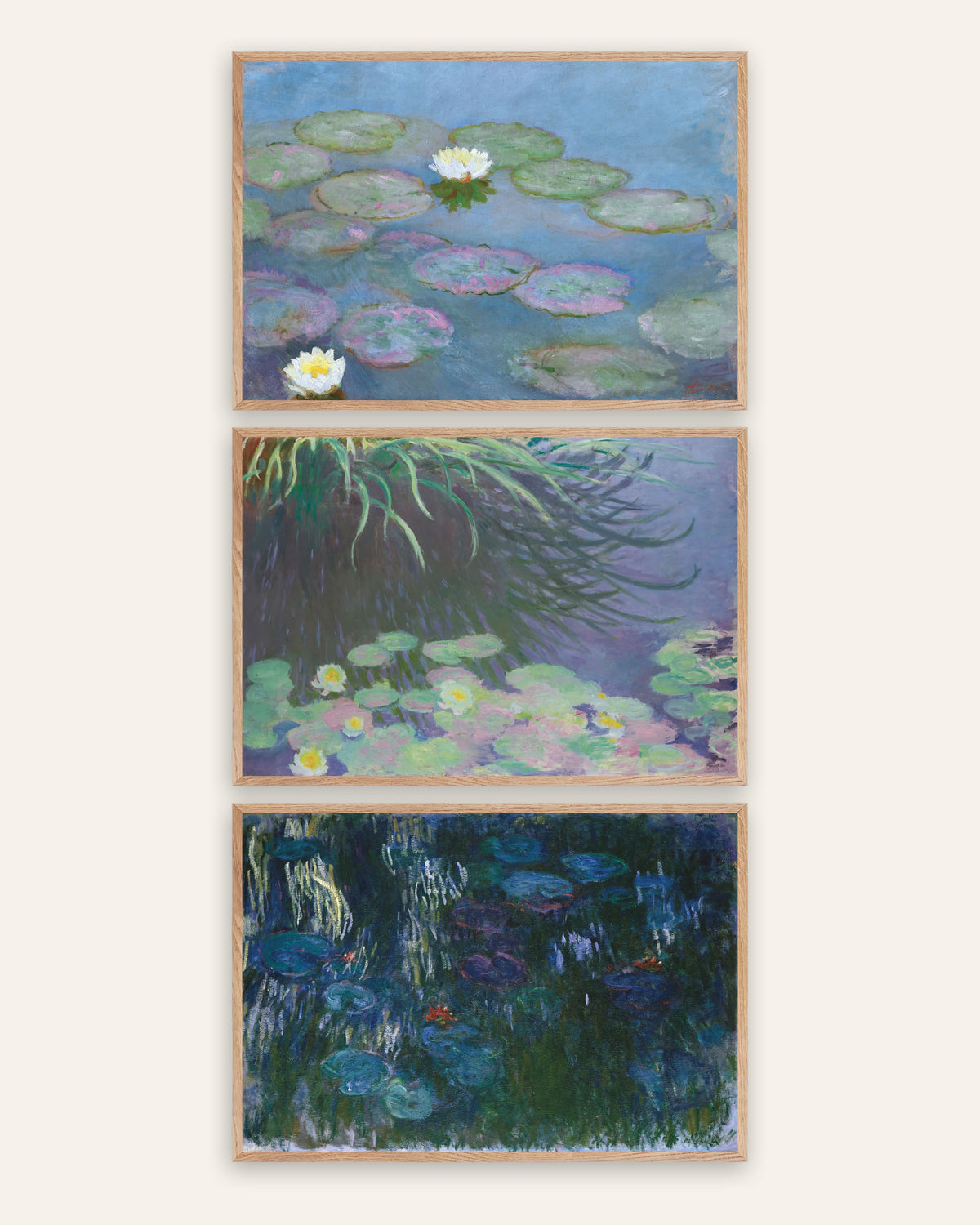 Poster di Monet, set da 3: Ninfee, primi e ultimi panorami, con cornici in rovere naturale
