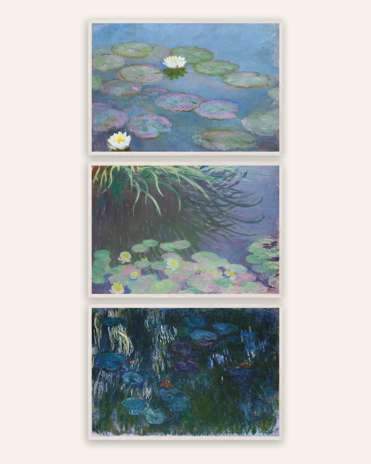 Poster di Monet, set da 3: Ninfee, primi e ultimi panorami, con cornici in rovere bianco