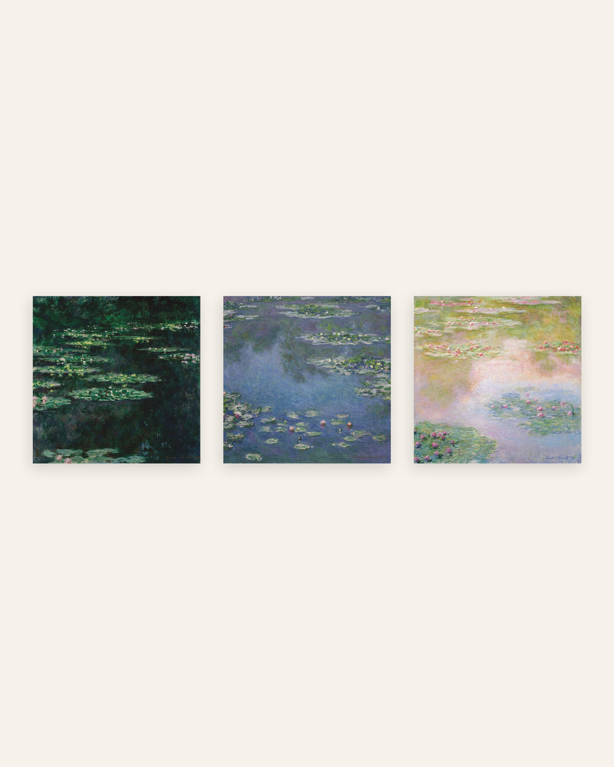 Poster di Monet, set da 3: Ninfee, vedute quadrate dello stagno, senza cornice