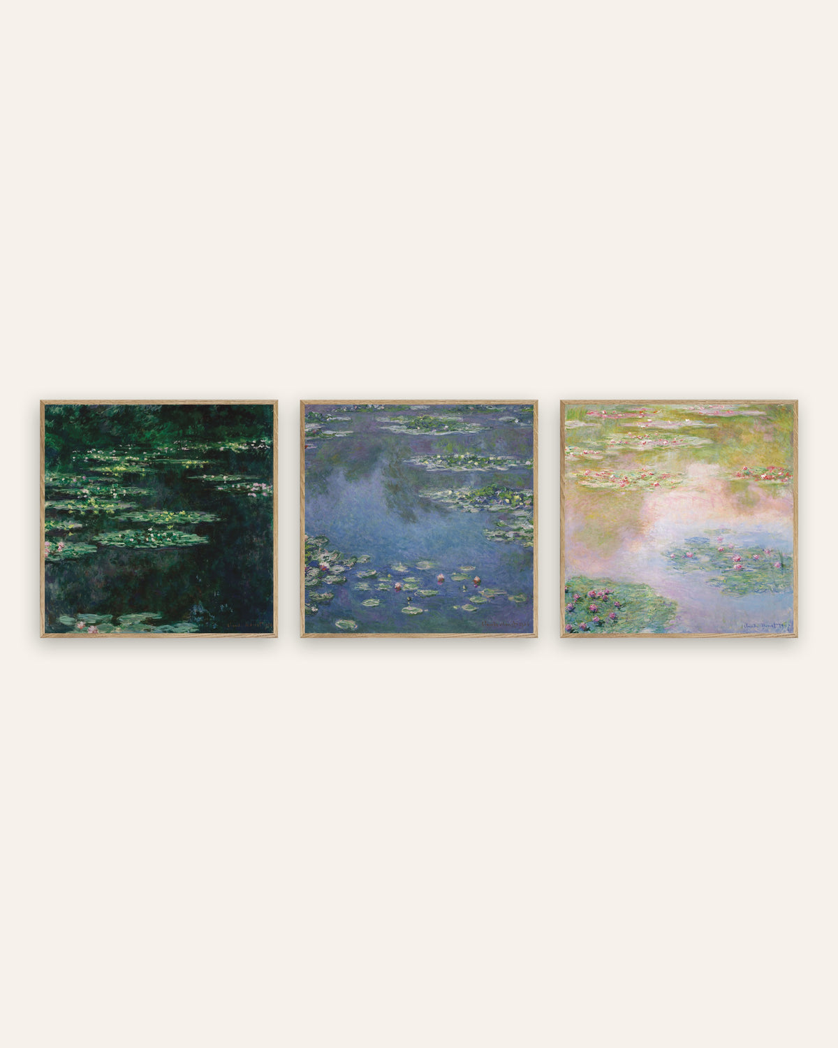 Poster di Monet, set da 3: Ninfee, vedute quadrate dello stagno, con cornici in rovere naturale