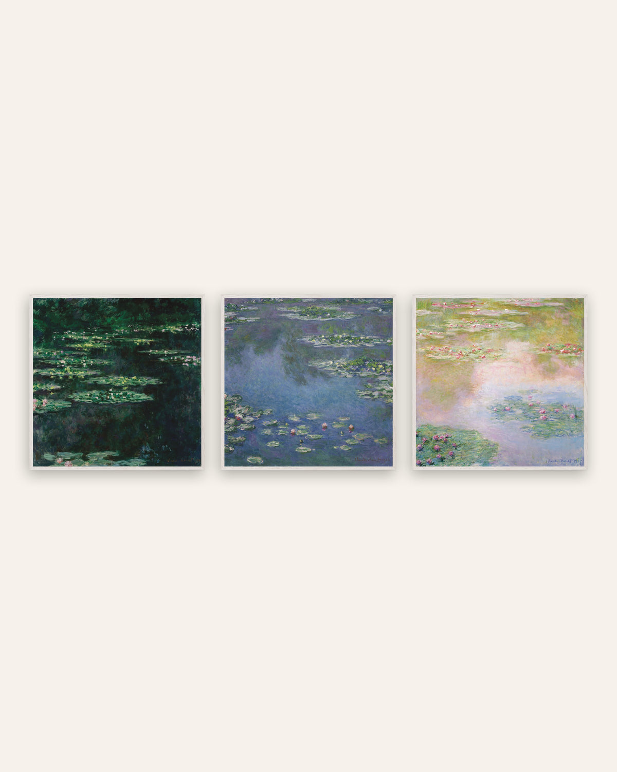 Poster di Monet, set da 3: Ninfee, vedute quadrate dello stagno, con cornici in rovere bianco