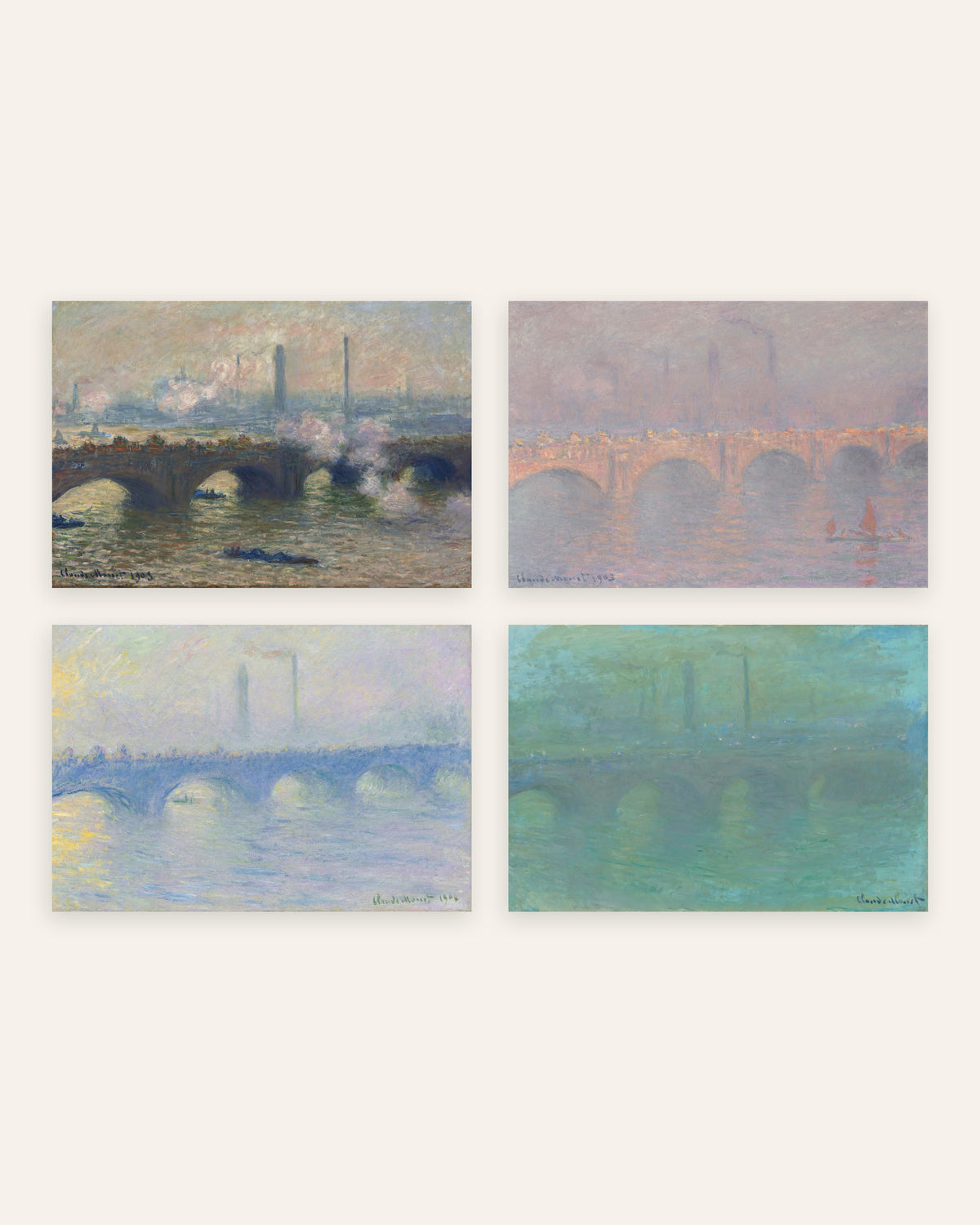 Poster di Monet, set da 4: il ponte di Waterloo, grigio, sole, nebbia e crepuscolo, senza cornice