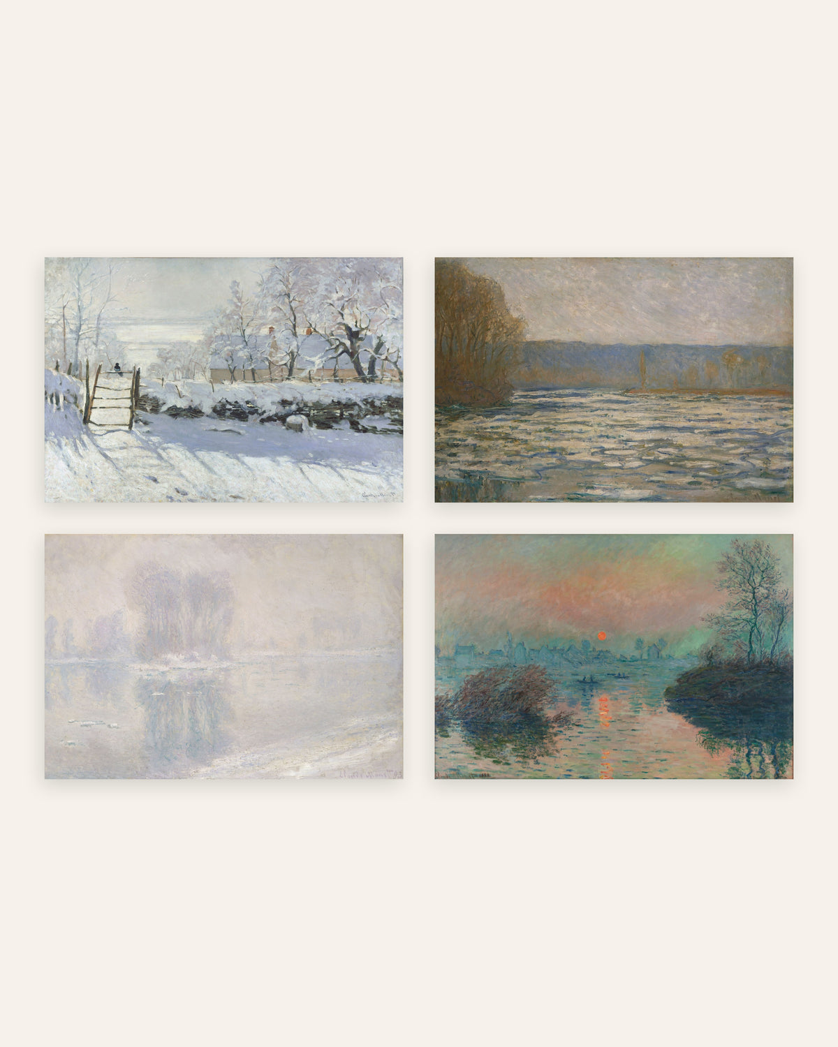 Poster di Monet, set da 4: inverno, La gazza, ghiaccio e tramonto, senza cornice