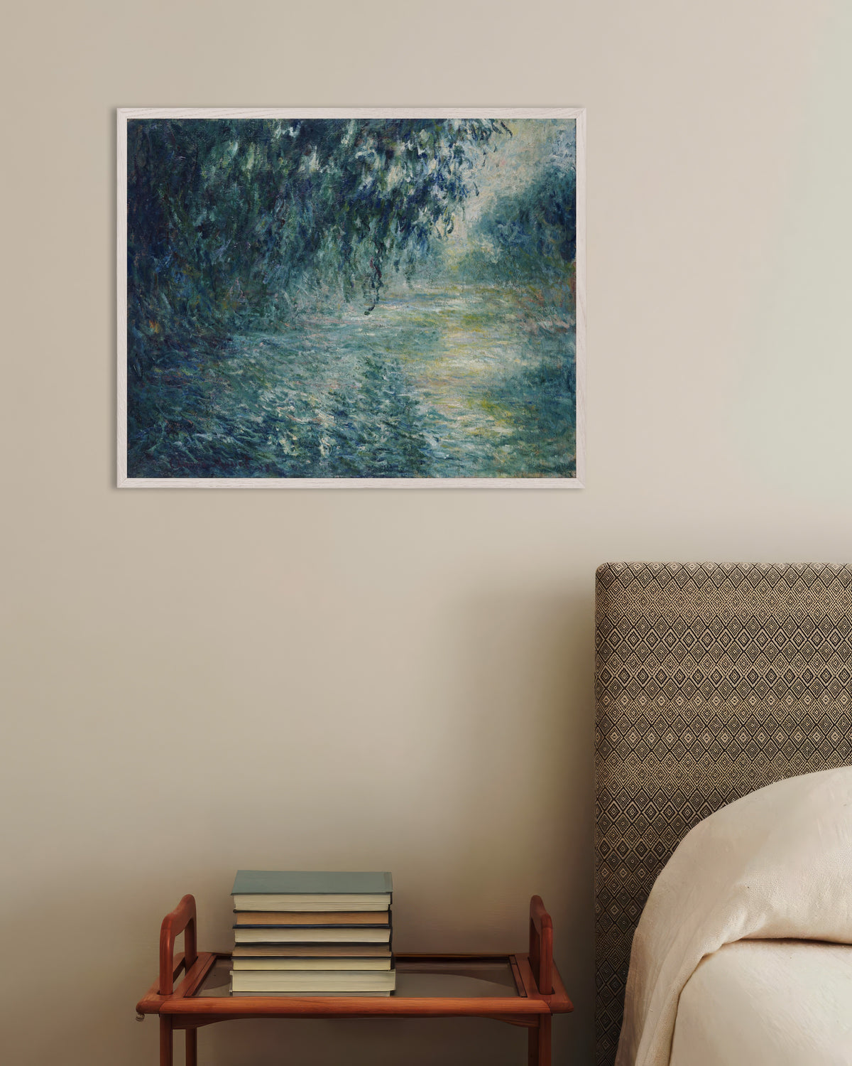 Poster Mattino sulla Senna (1898) di Claude Monet con cornice in legno bianco