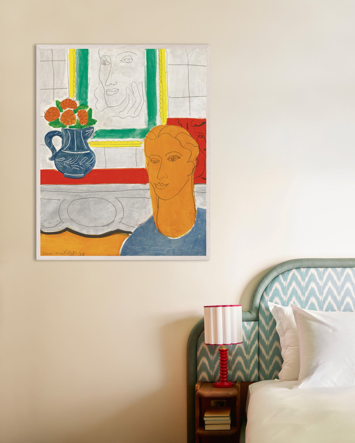 Poster di Testa ocra (Figura e bouquet) (1937) di Henri Matisse, con cornice in legno bianco