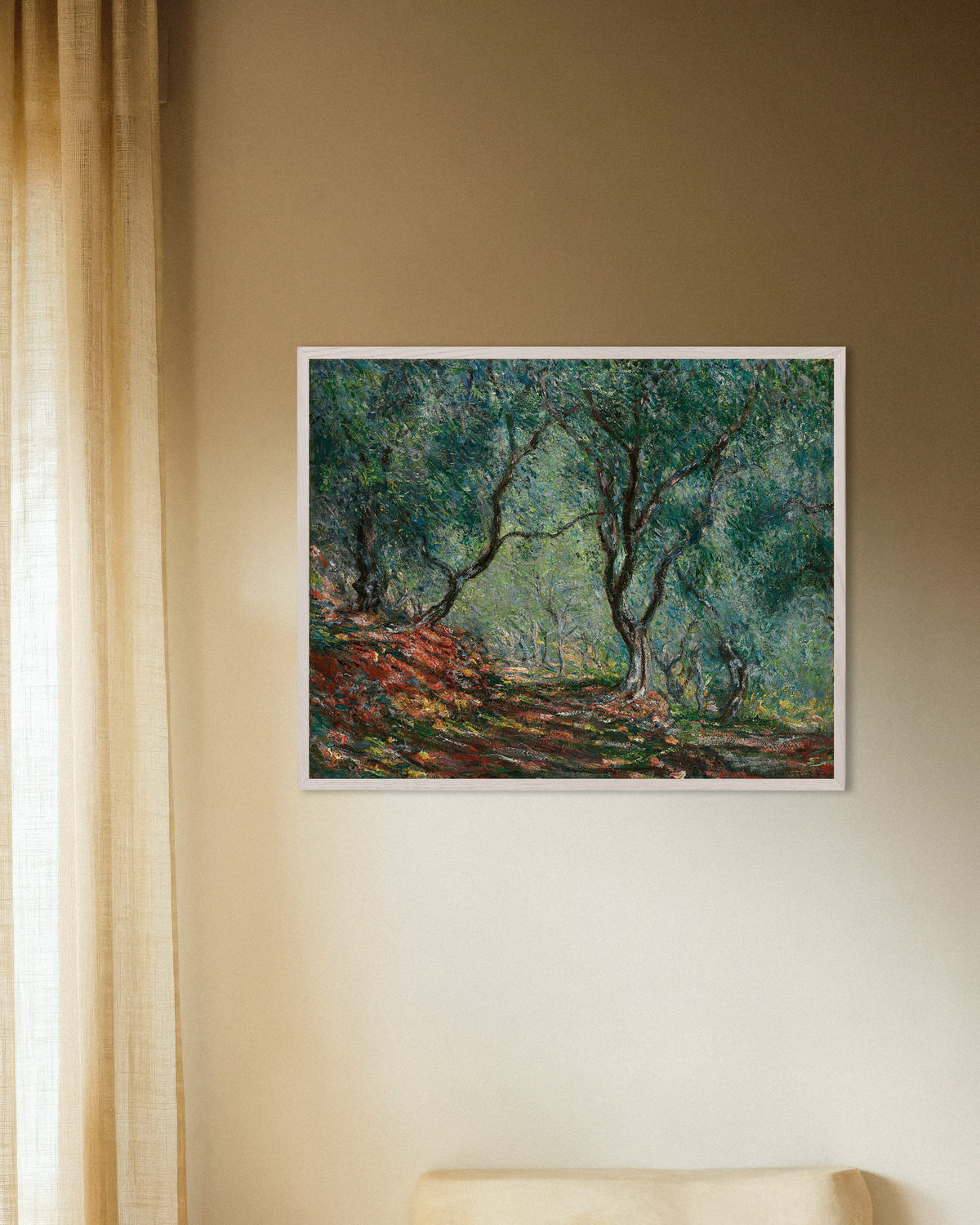 Poster Uliveto nel giardino Moreno (1884) di Claude Monet con cornice in legno bianco