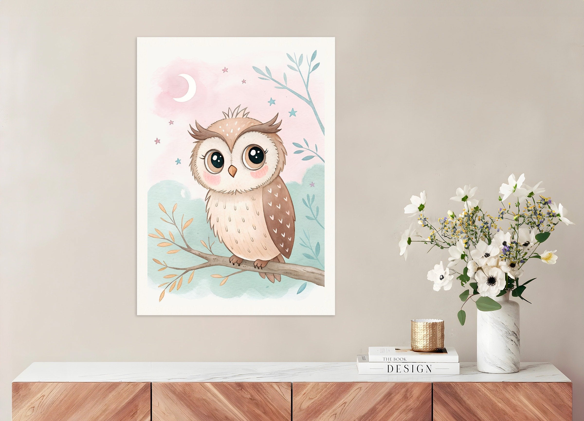 Poster of Owl Poster - Nursery Wall Art with Moon and Stars