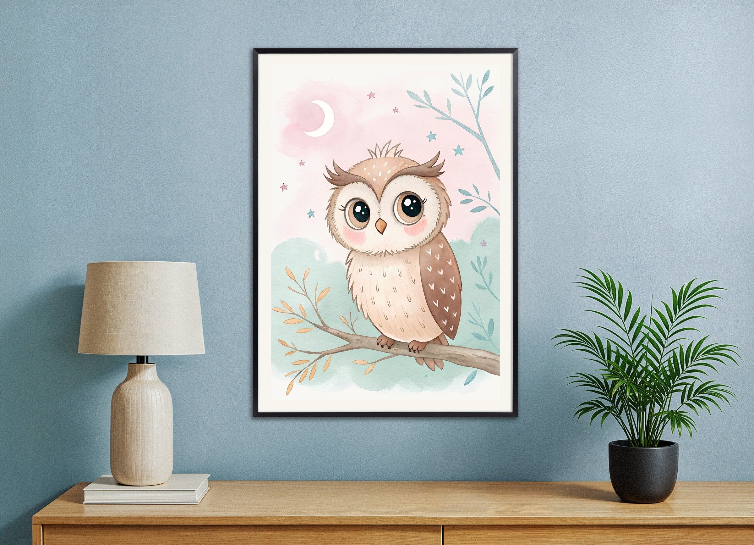 Poster of Owl Poster - Nursery Wall Art with Moon and Stars, with metal frame
