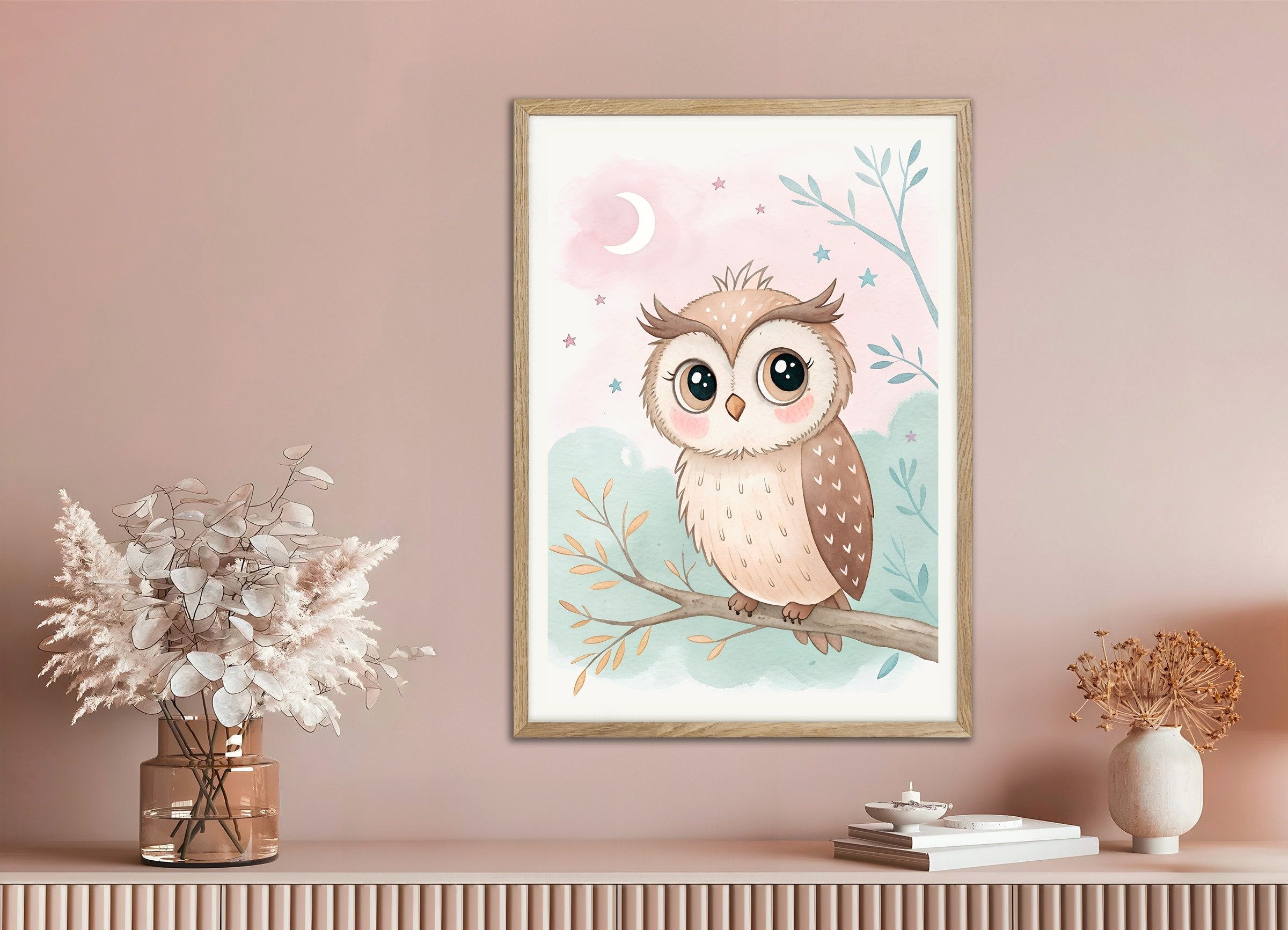 Poster of Owl Poster - Nursery Wall Art with Moon and Stars, with natural wooden frame