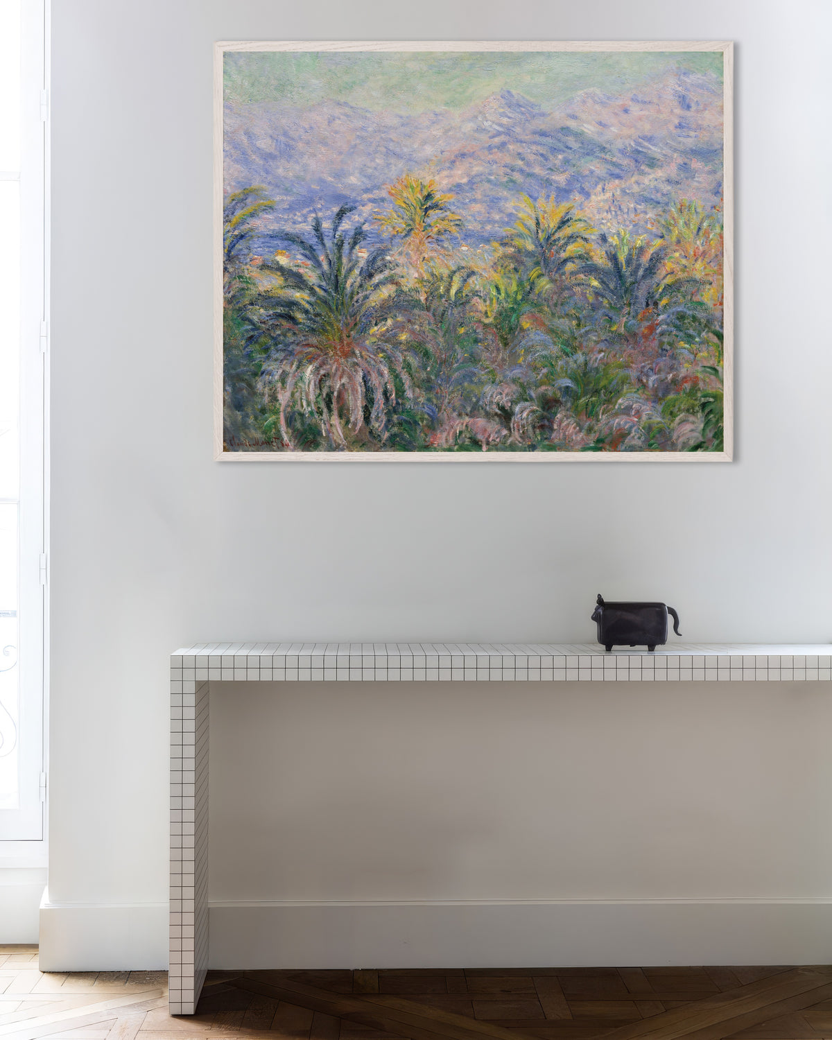 Poster Palme a Bordighera (1884) di Claude Monet con cornice in legno bianco