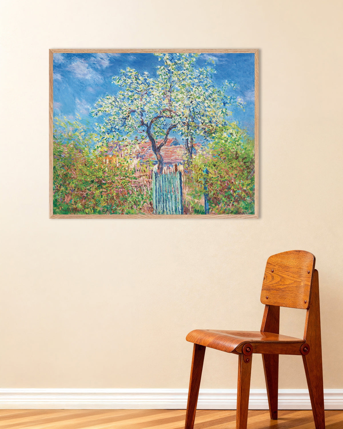 Poster Pero in fiore (1885) di Claude Monet con cornice in legno naturale