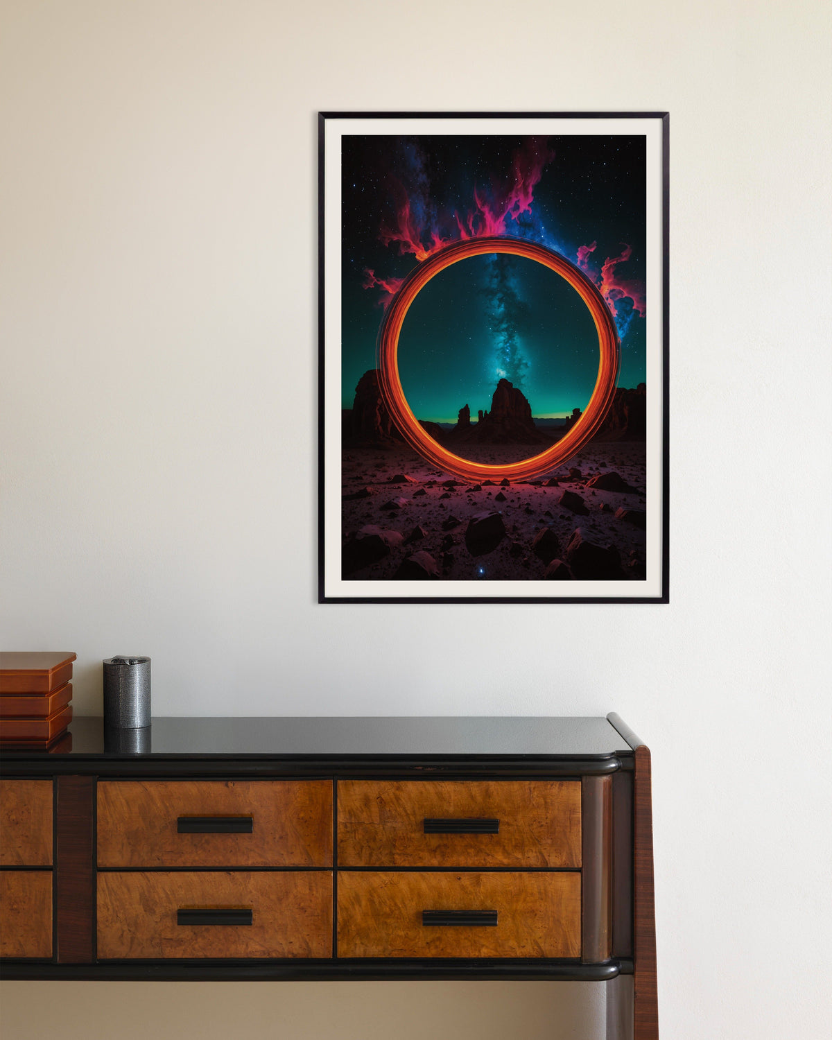 Poster di Photolab al neon luminescente, cerchio del tempo, con cornice in metallo