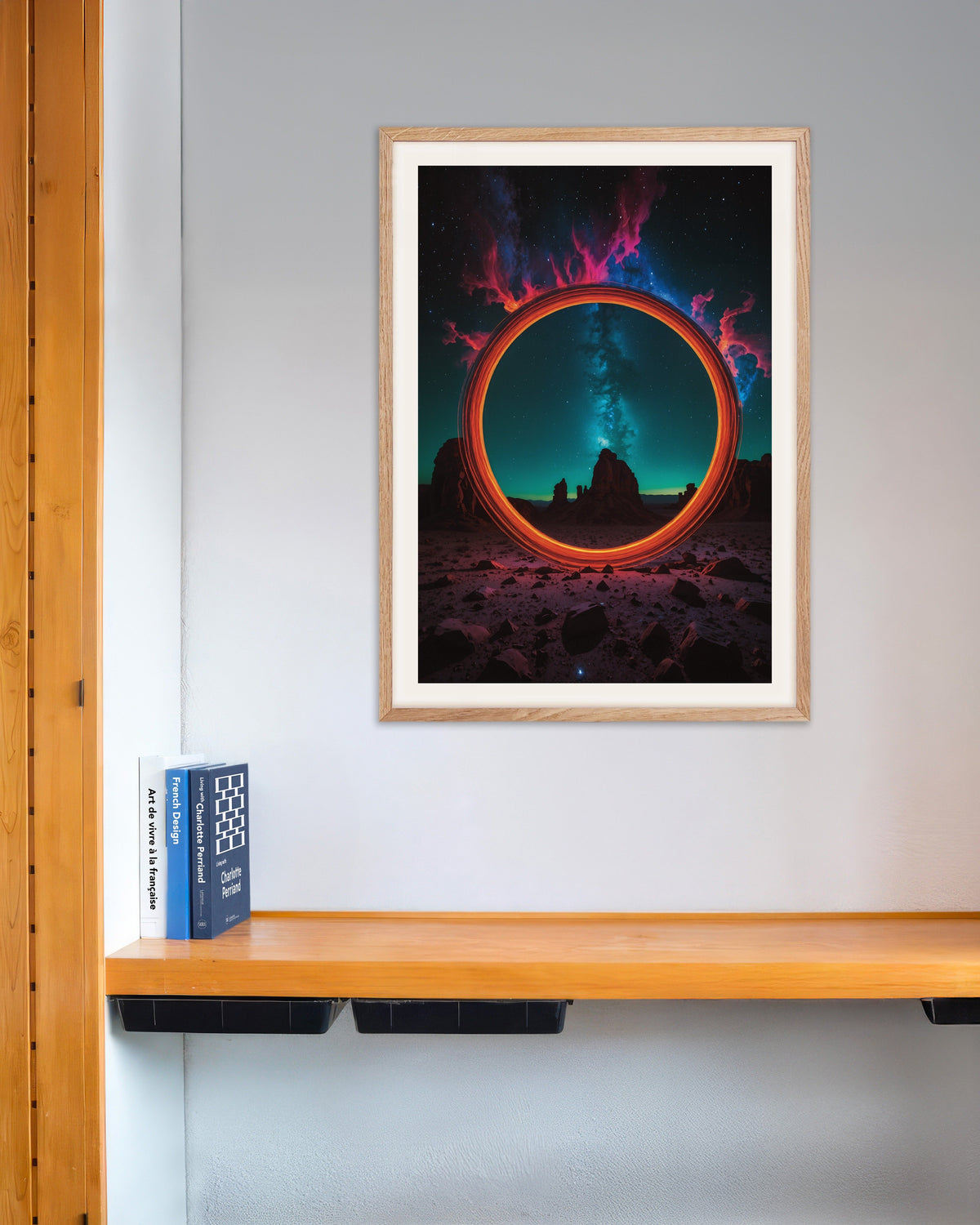 Poster di Photolab al neon luminescente, cerchio del tempo, con cornice in legno naturale