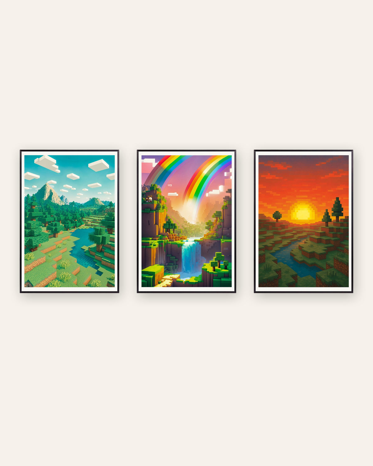 Poster pixel art paesaggi, set da 3: montagna, valle arcobaleno e tramonto, con cornici in metallo nero