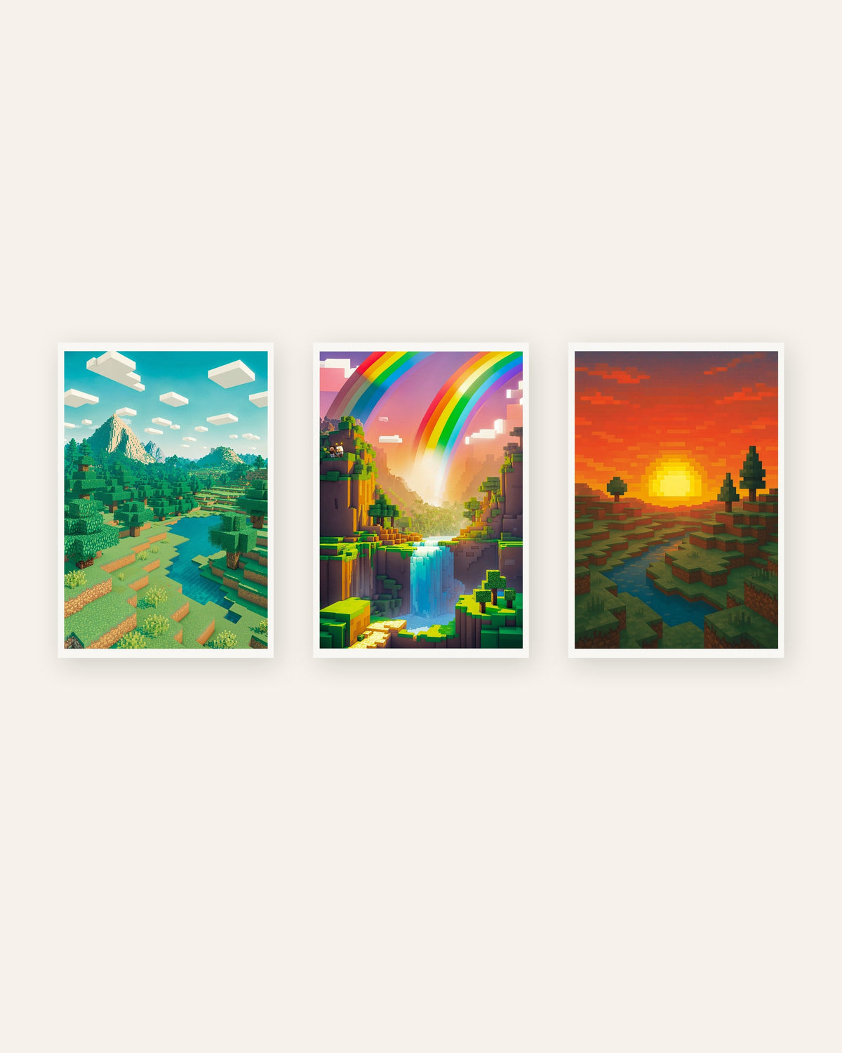 Poster pixel art paesaggi, set da 3: montagna, valle arcobaleno e tramonto, senza cornice