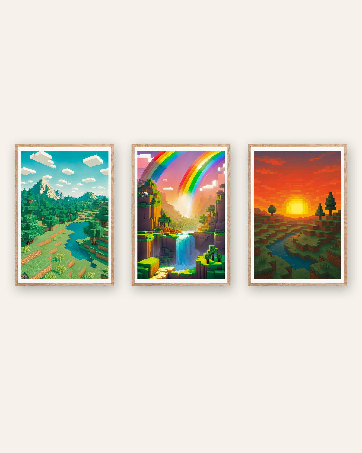 Poster pixel art paesaggi, set da 3: montagna, valle arcobaleno e tramonto, con cornici in rovere naturale