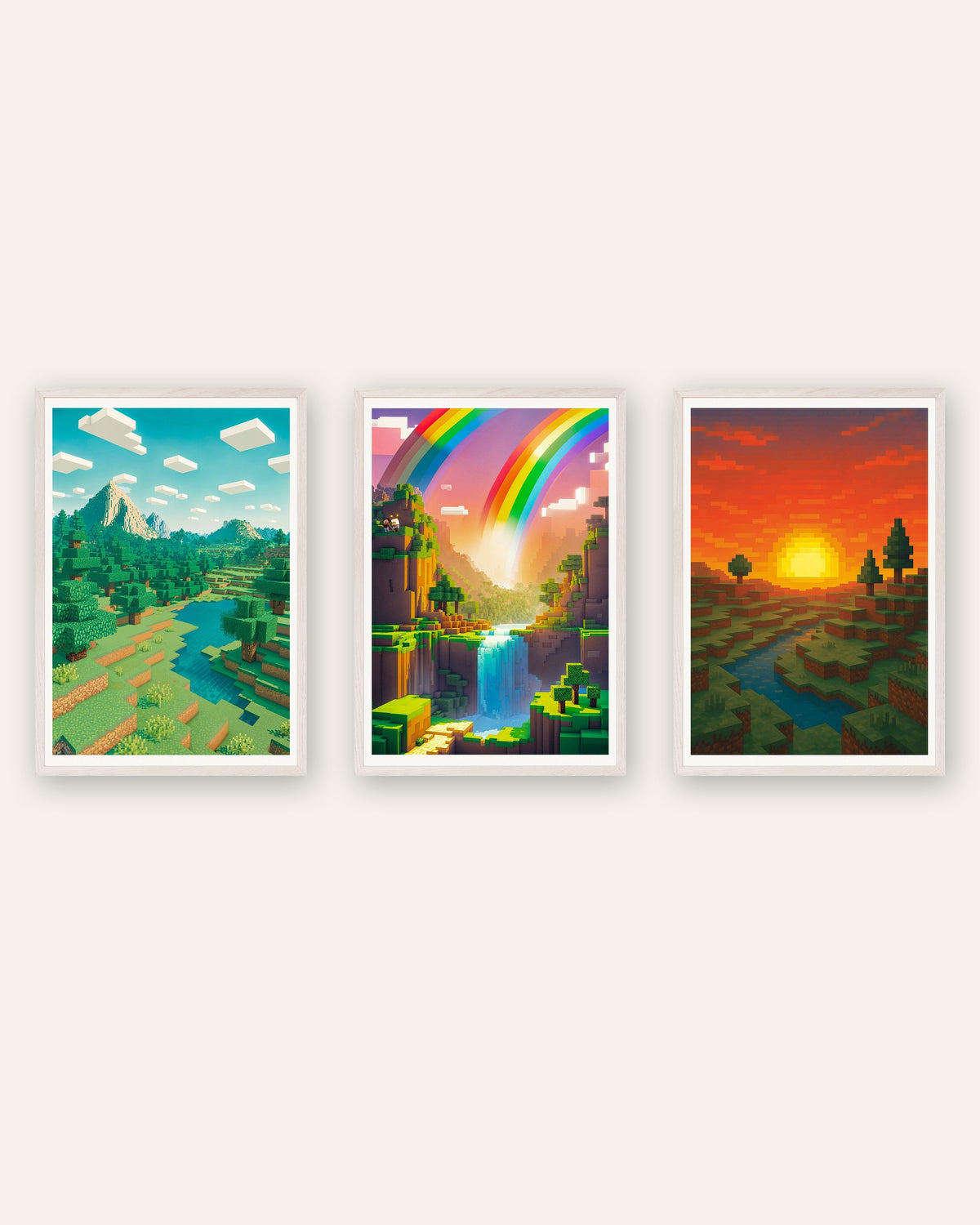 Poster pixel art paesaggi, set da 3: montagna, valle arcobaleno e tramonto, con cornici in rovere bianco