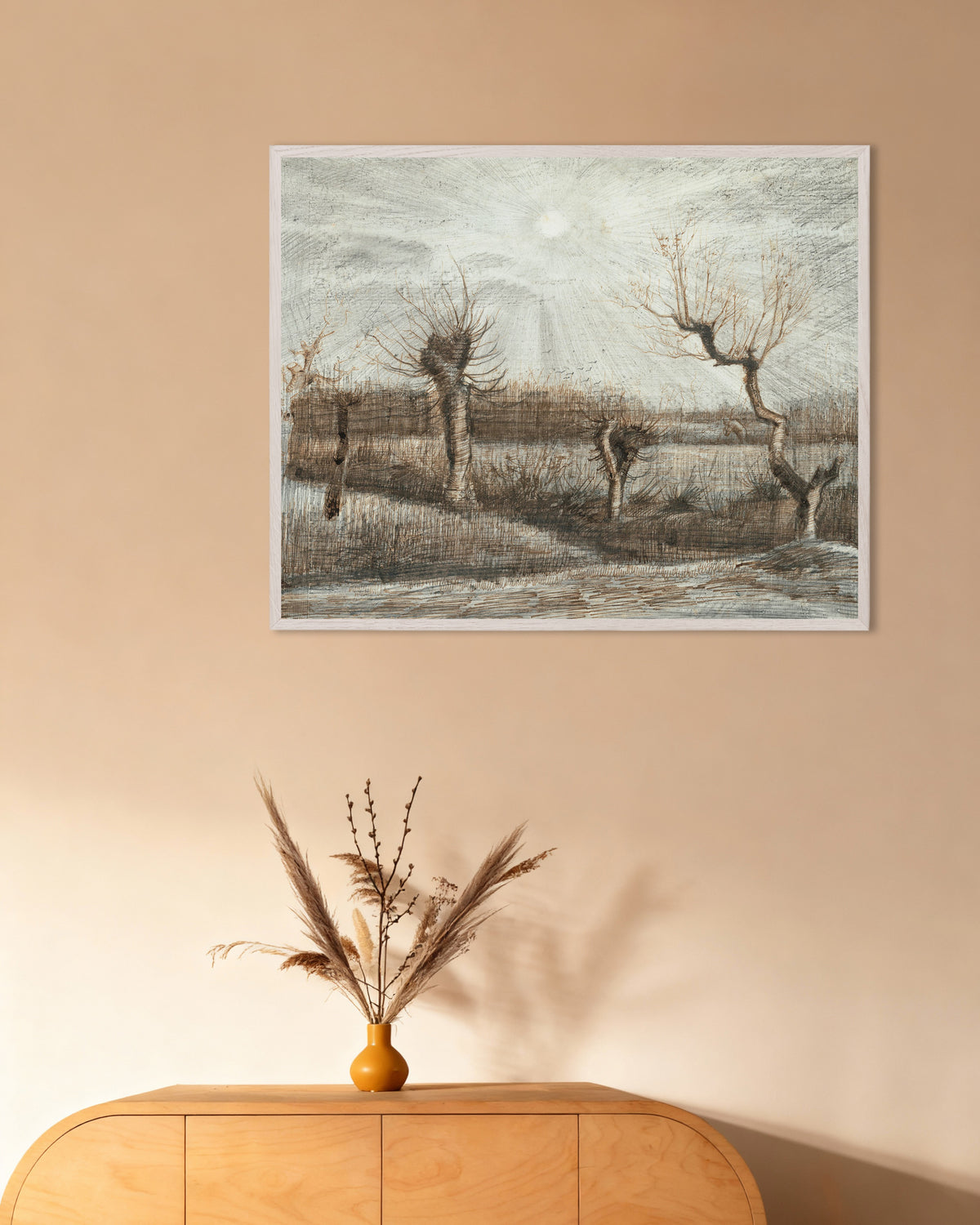 Poster di Salici potati (1884) di Vincent van Gogh, con cornice in legno bianco