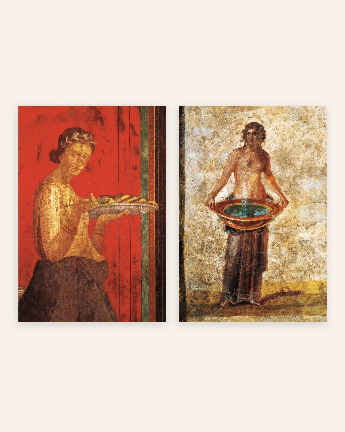 Poster affreschi di Pompei, set da 2: corona d’alloro e bacile d’acqua, senza cornice