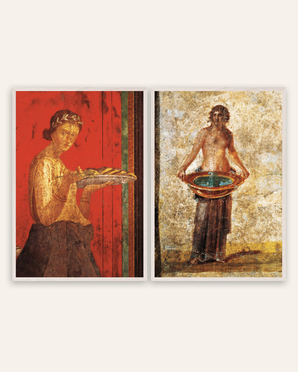 Poster affreschi di Pompei, set da 2: corona d’alloro e bacile d’acqua, con cornici in rovere bianco