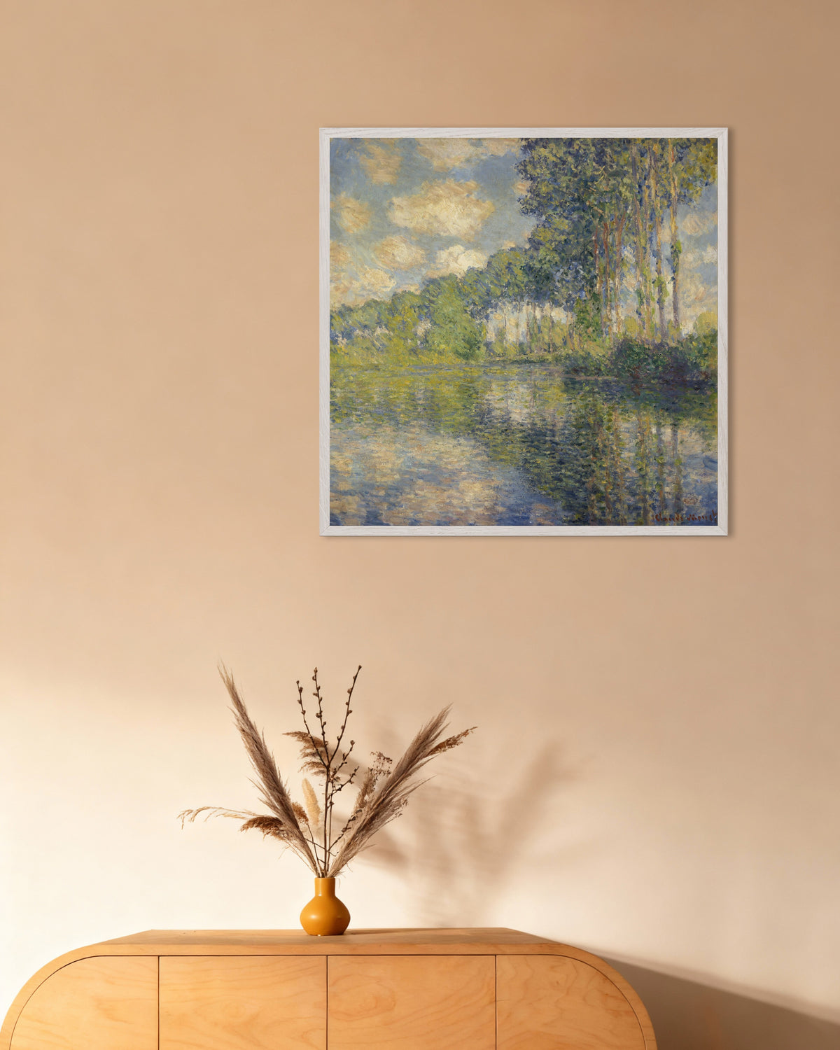 Poster Pioppi sull'Epte (1891) di Claude Monet con cornice in legno bianco