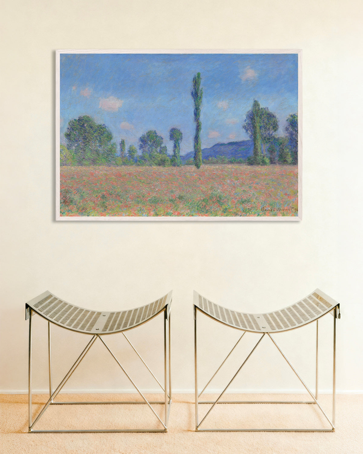 Poster Campo di papaveri, Giverny (1890) di Claude Monet con cornice in legno bianco