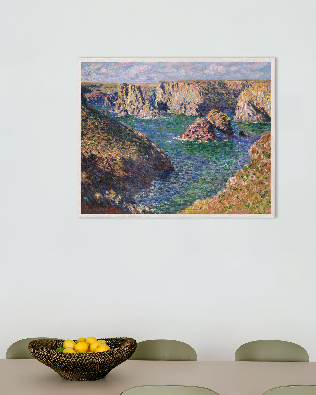 Poster Port-Domois, Belle-Île (1887) di Claude Monet con cornice in legno bianco