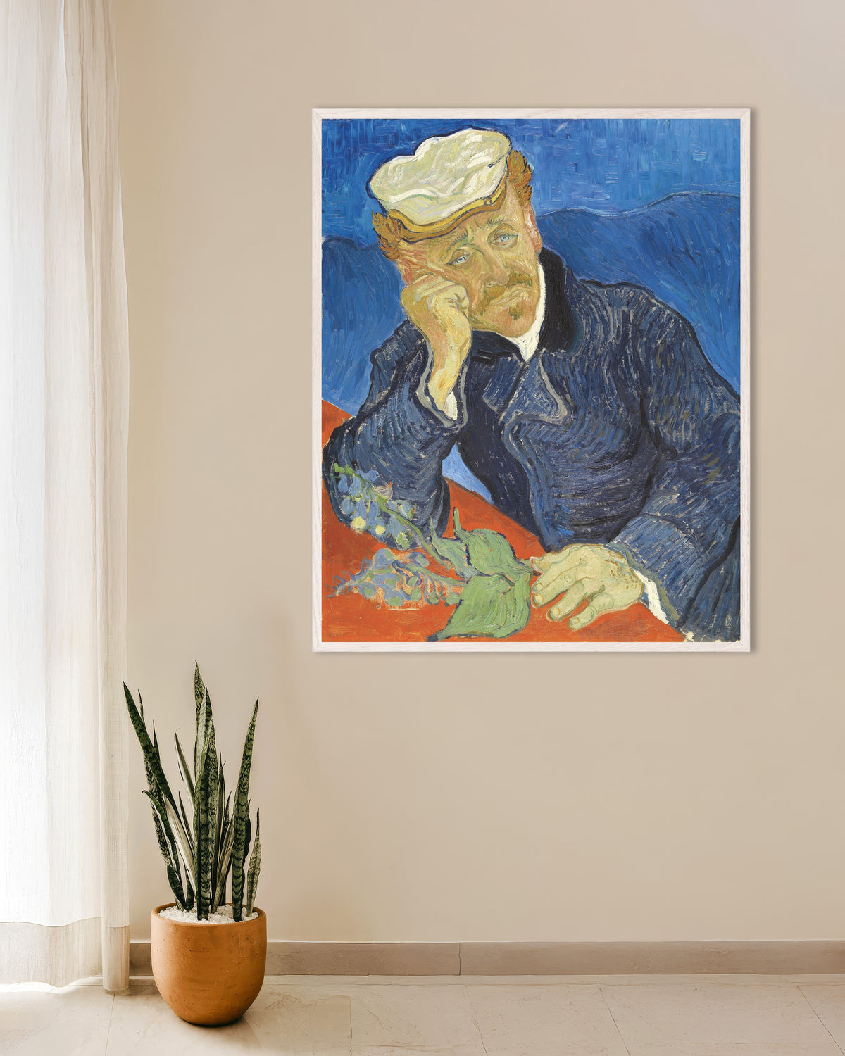 Poster di Ritratto del dottor Gachet (1890) di Vincent van Gogh, con cornice in legno bianco