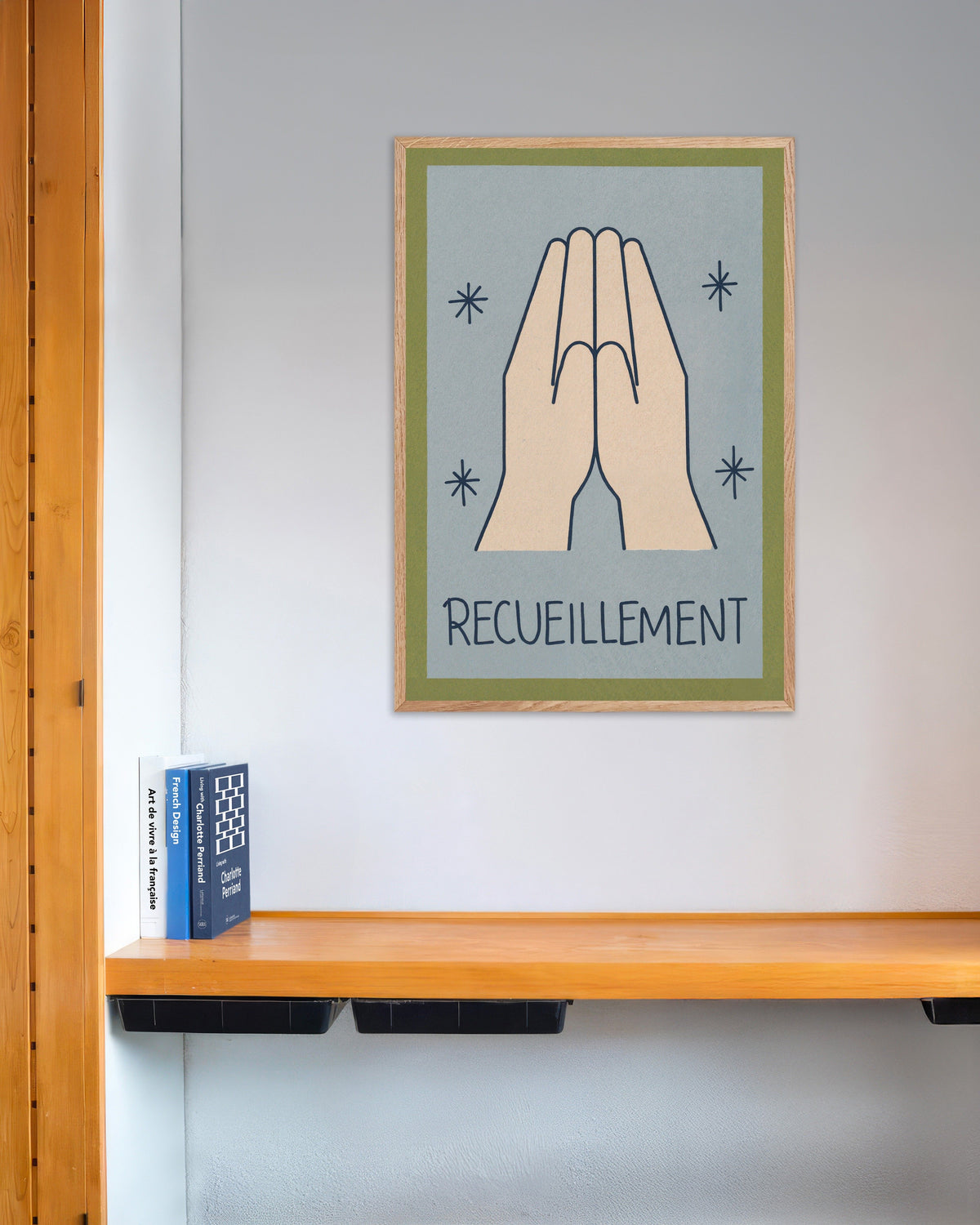 Poster Raccoglimento - Poster minimalista a linee sottili, con cornice in legno naturale