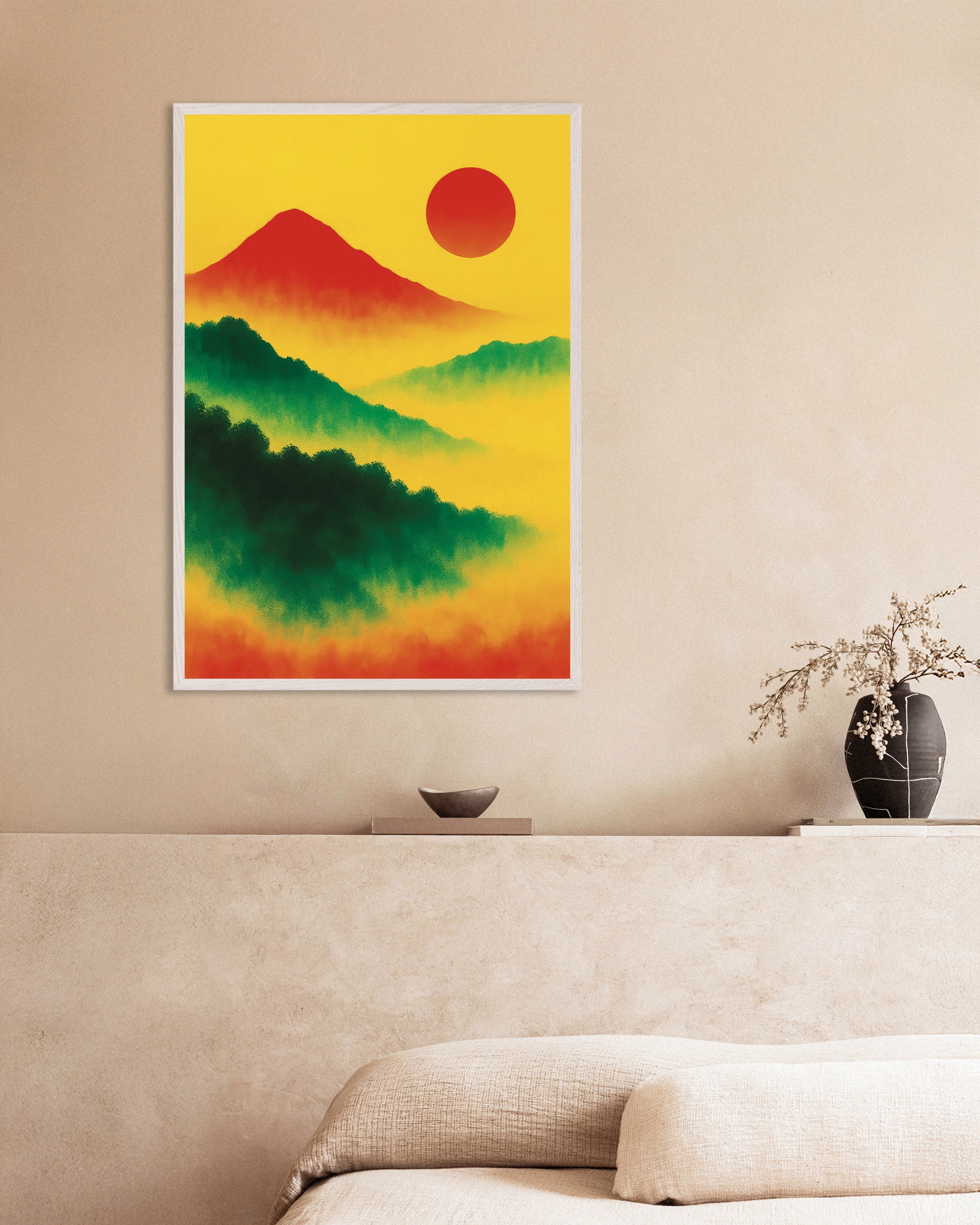 Poster of Red sun landscape art print, with white wooden frame