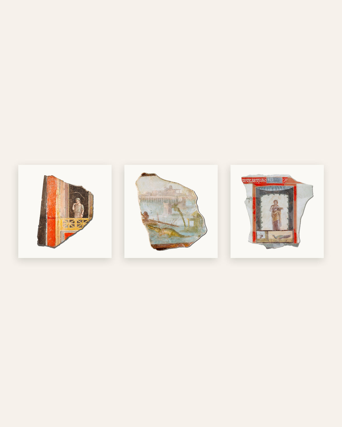 Poster frammenti di affreschi romani, set da 3: balcone, Nilo e pavone, senza cornice