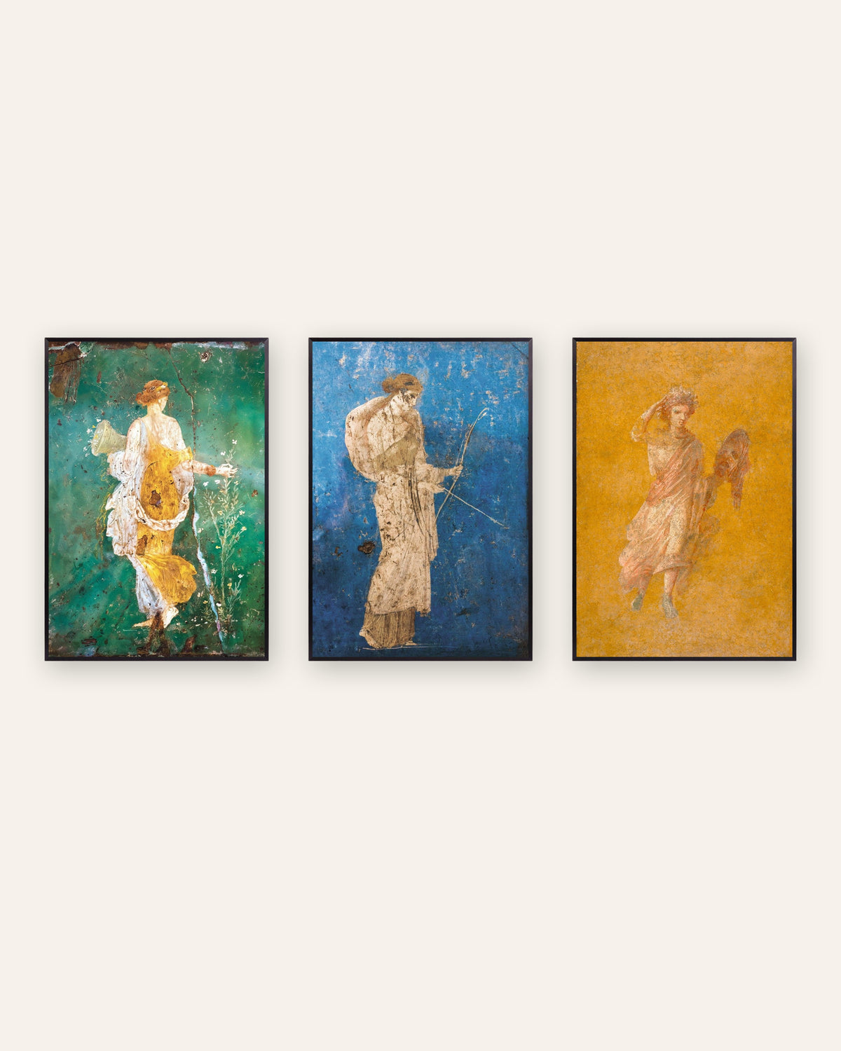 Set da 3 poster di affreschi romani, Flora, Artemide e Melpomene, con cornici in metallo nero