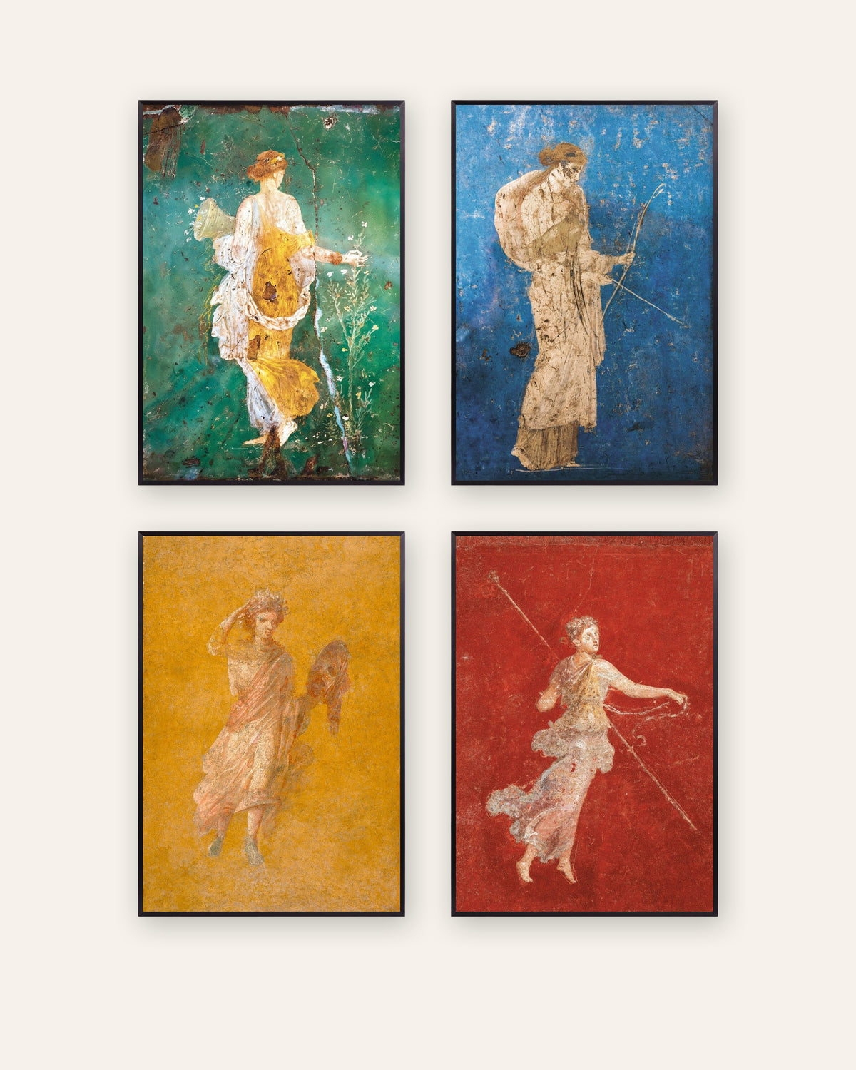 Set da 4 poster di affreschi romani, Flora, Artemide, Melpomene e Menade, con cornici in metallo nero
