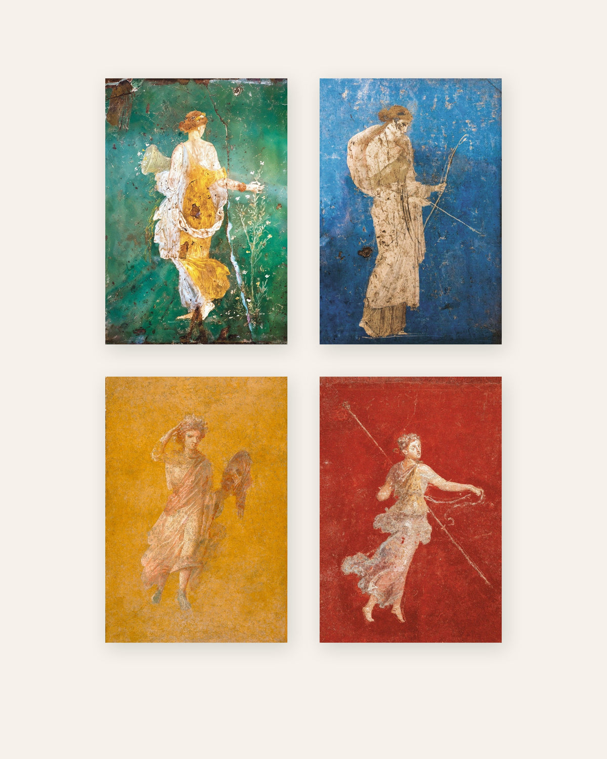 Set da 4 poster di affreschi romani, Flora, Artemide, Melpomene e Menade, senza cornice