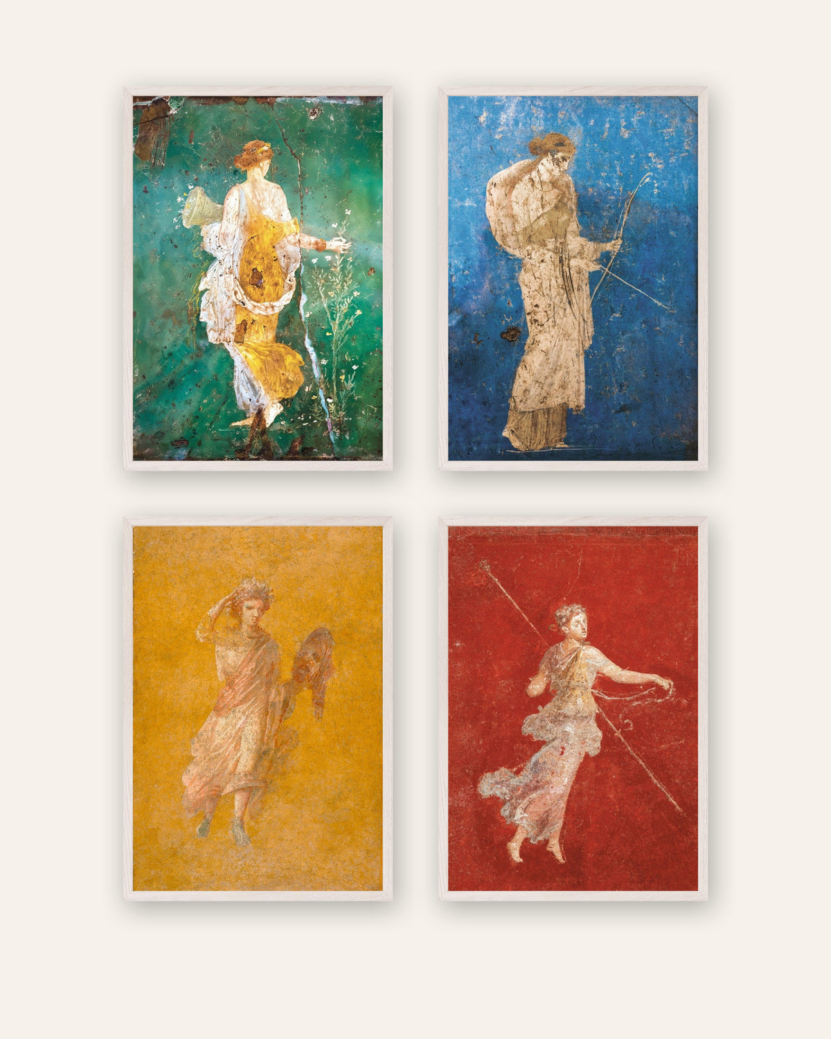 Set da 4 poster di affreschi romani, Flora, Artemide, Melpomene e Menade, con cornici in legno bianco