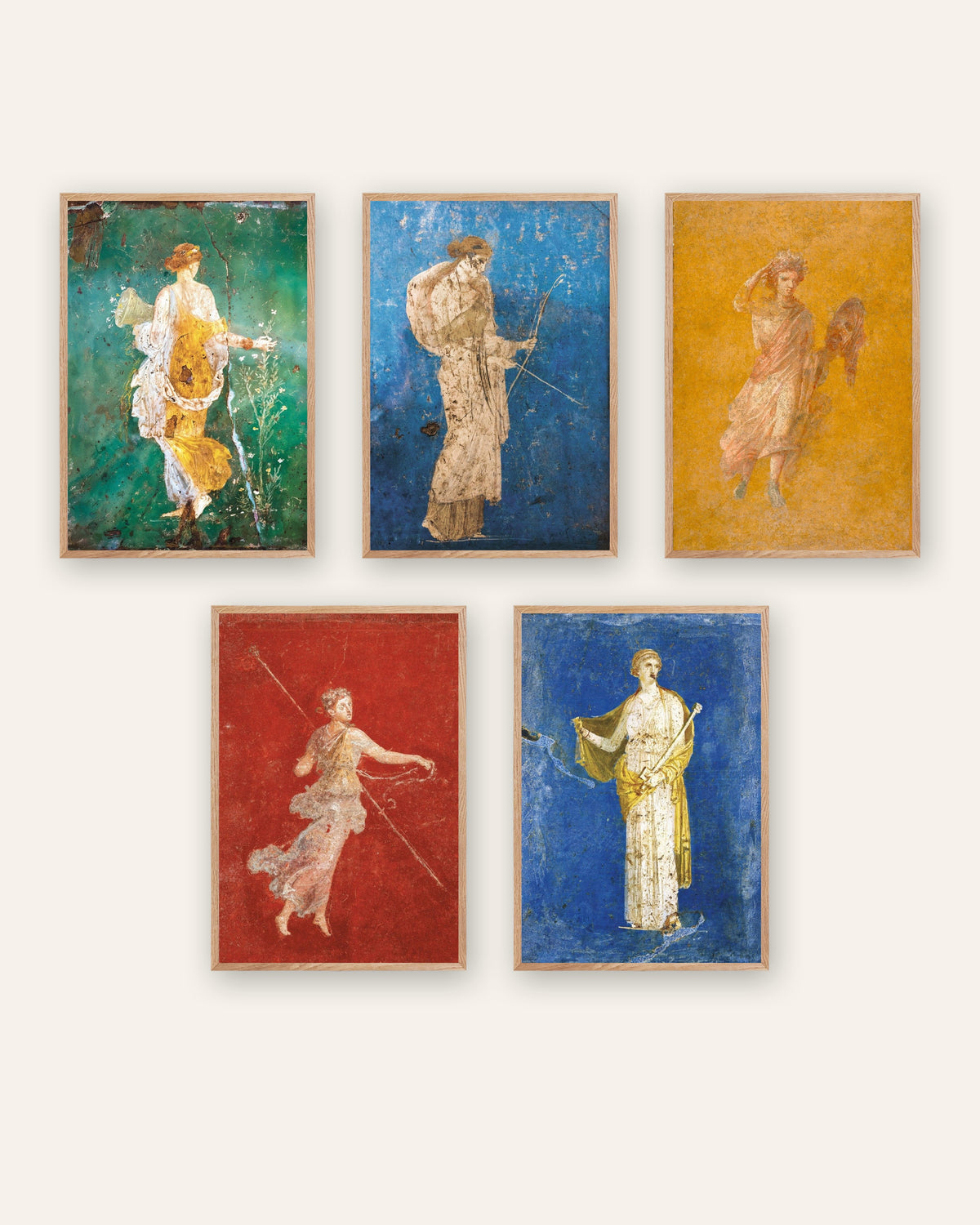 Set da 5 poster di affreschi romani, Flora, Artemide, Melpomene, Menade e Medea, con cornici in legno naturale